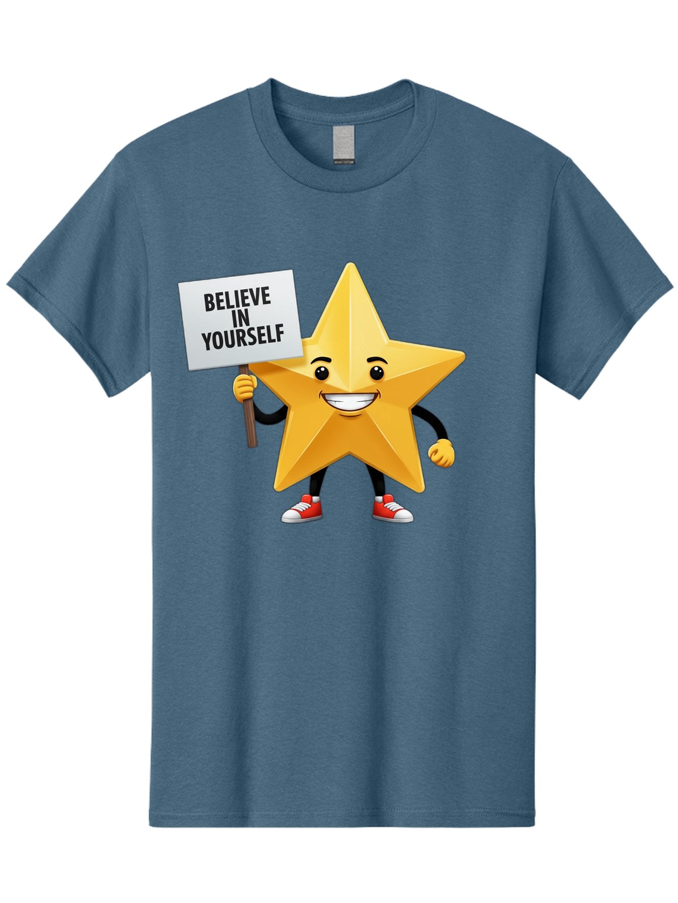 Believe-In-Yourself-6 Men'S Graphic Tee, 100% Cotton, Comfortable Casual Summer Wear, Machine Washable, Motivational Star, Inspirational Quote, Positive Message, Self-Confidence Booster, Cartoon Character, Yellow Star, Red Sneakers, Bae132 14