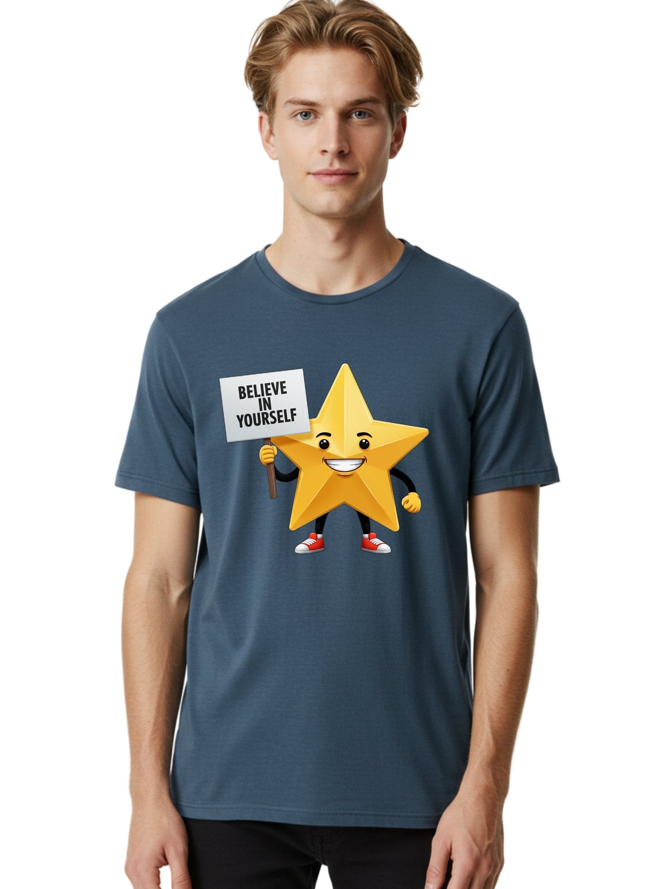 Believe-In-Yourself-6 Men'S Graphic Tee, 100% Cotton, Comfortable Casual Summer Wear, Machine Washable, Motivational Star, Inspirational Quote, Positive Message, Self-Confidence Booster, Cartoon Character, Yellow Star, Red Sneakers, Bae132 29