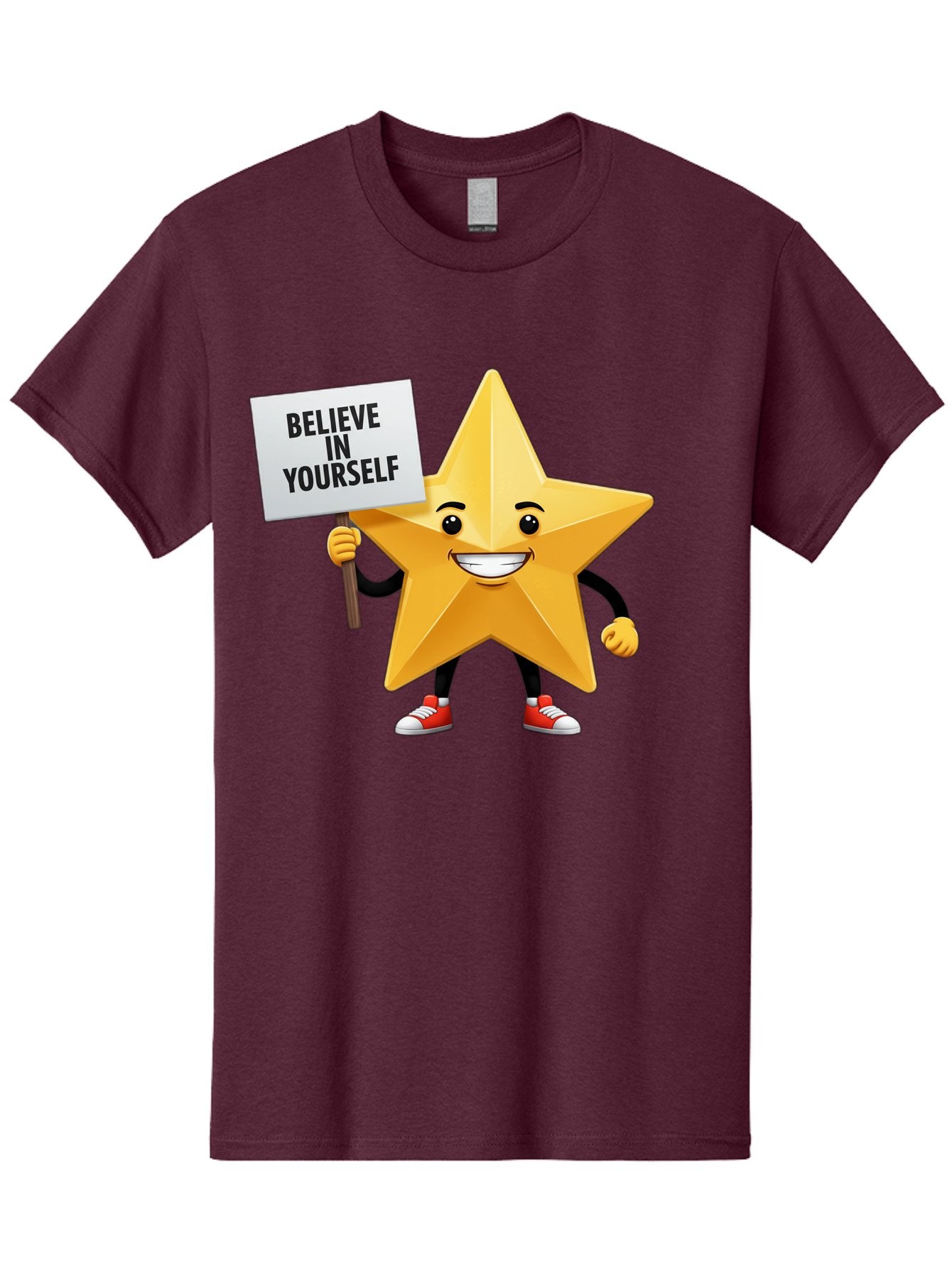 Believe-In-Yourself-6 Men'S Graphic Tee, 100% Cotton, Comfortable Casual Summer Wear, Machine Washable, Motivational Star, Inspirational Quote, Positive Message, Self-Confidence Booster, Cartoon Character, Yellow Star, Red Sneakers, Bae132 12