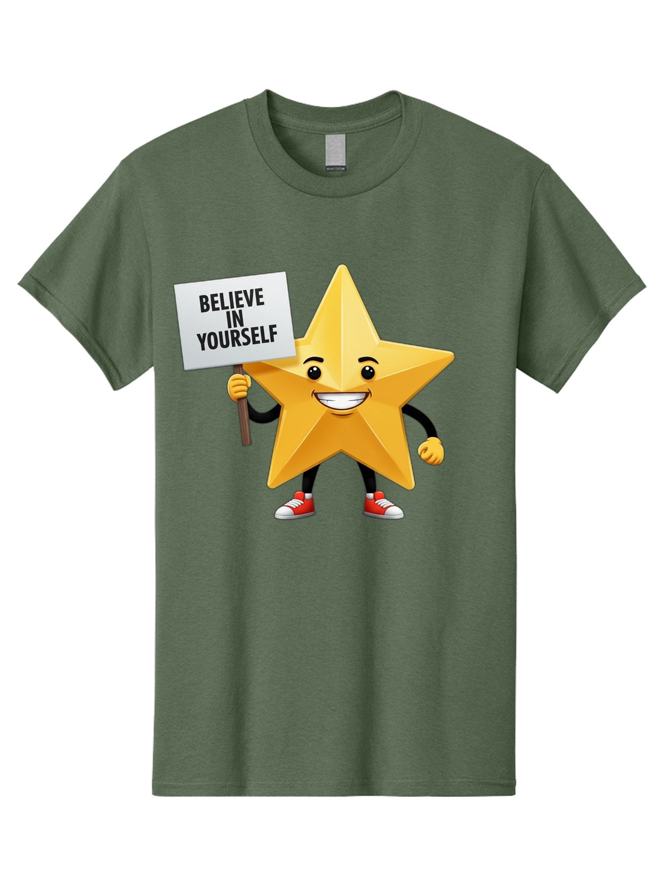 Believe-In-Yourself-6 Men'S Graphic Tee, 100% Cotton, Comfortable Casual Summer Wear, Machine Washable, Motivational Star, Inspirational Quote, Positive Message, Self-Confidence Booster, Cartoon Character, Yellow Star, Red Sneakers, Bae132