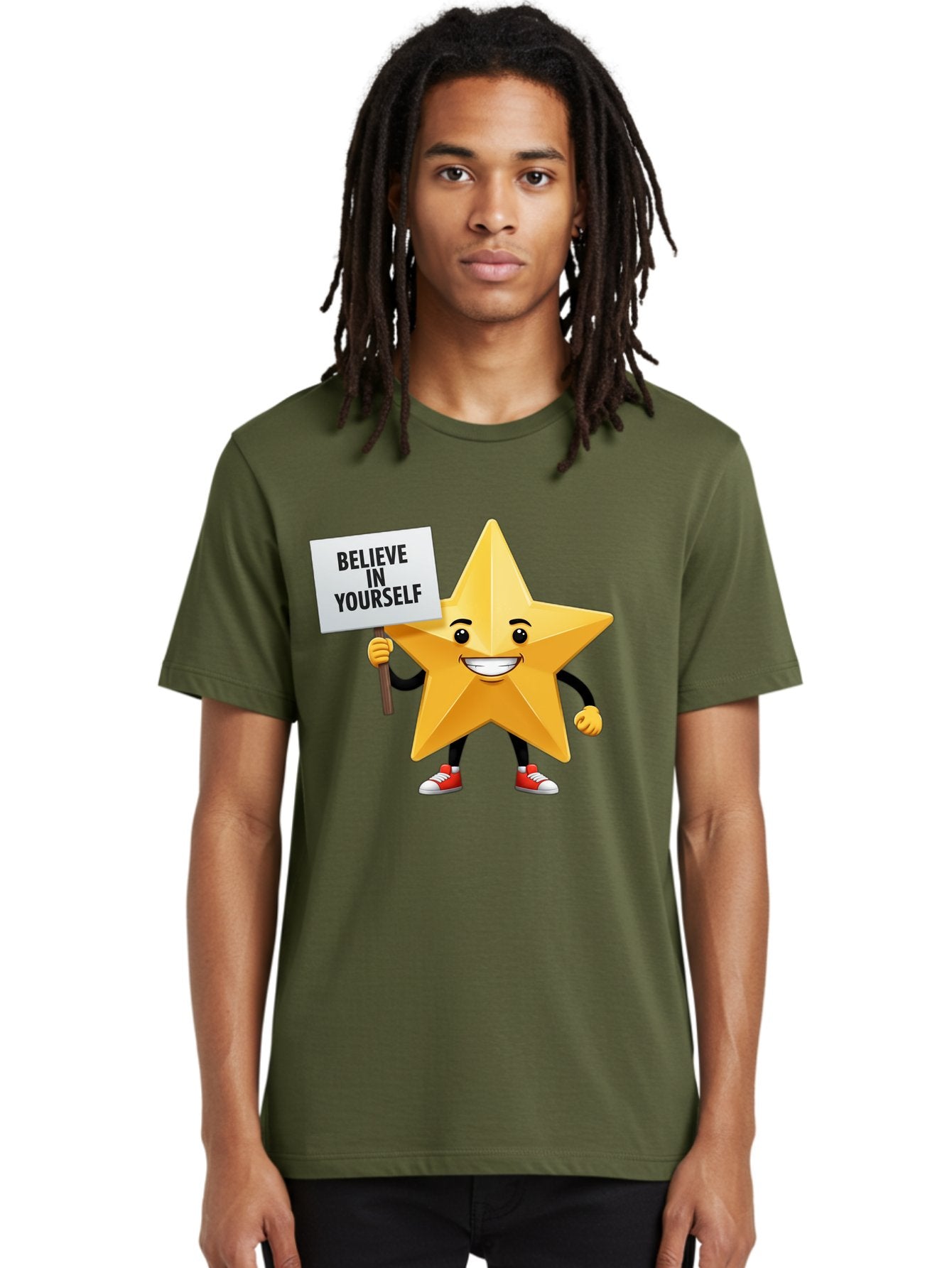 Believe-In-Yourself-6 Men'S Graphic Tee, 100% Cotton, Comfortable Casual Summer Wear, Machine Washable, Motivational Star, Inspirational Quote, Positive Message, Self-Confidence Booster, Cartoon Character, Yellow Star, Red Sneakers, Bae132 21