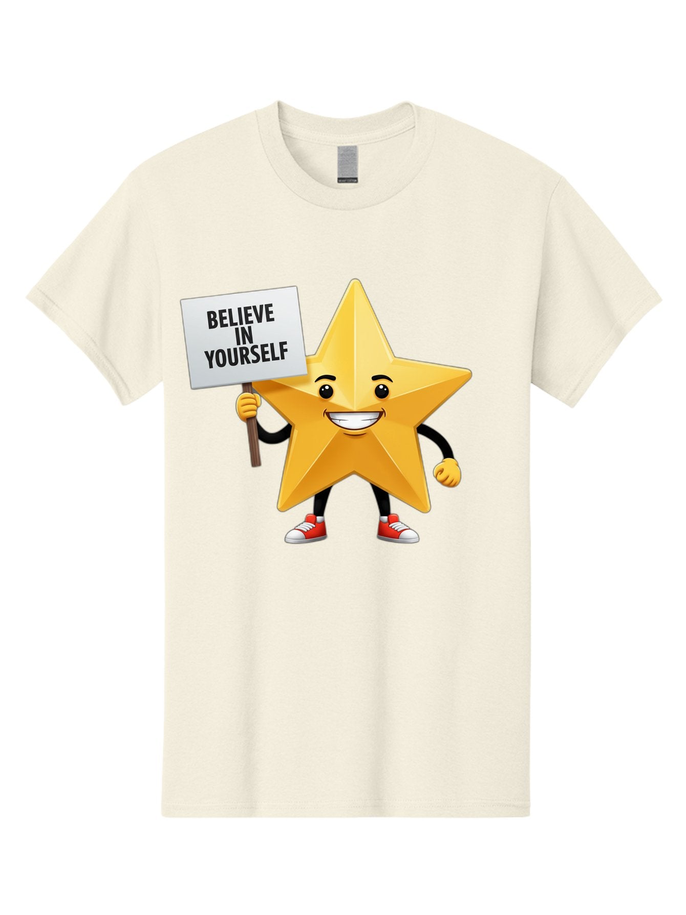 Believe-In-Yourself-6 Men'S Graphic Tee, 100% Cotton, Comfortable Casual Summer Wear, Machine Washable, Motivational Star, Inspirational Quote, Positive Message, Self-Confidence Booster, Cartoon Character, Yellow Star, Red Sneakers, Bae132 7