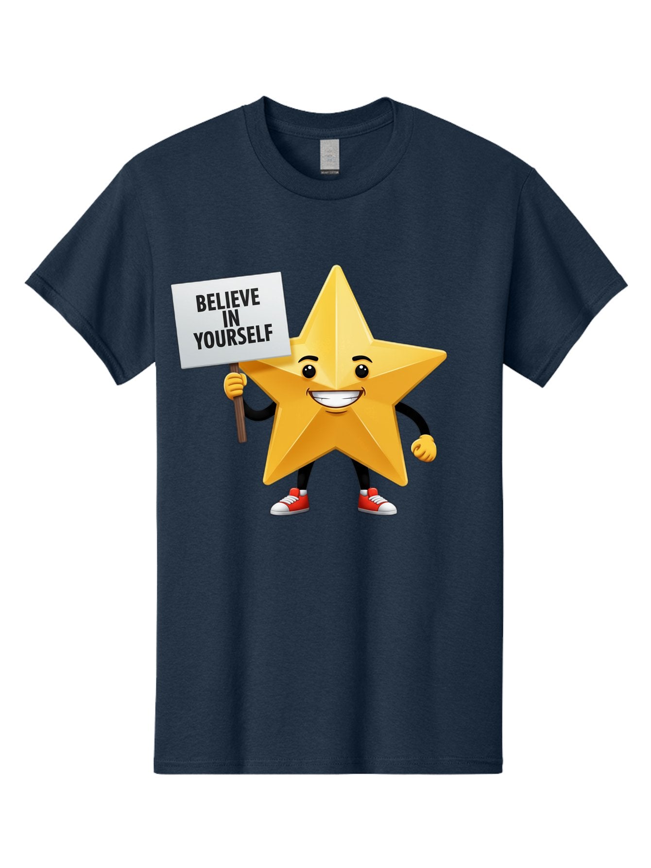 Believe-In-Yourself-6 Men'S Graphic Tee, 100% Cotton, Comfortable Casual Summer Wear, Machine Washable, Motivational Star, Inspirational Quote, Positive Message, Self-Confidence Booster, Cartoon Character, Yellow Star, Red Sneakers, Bae132 13