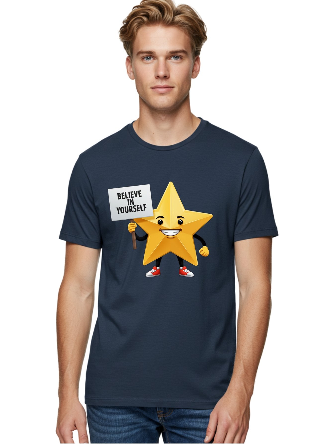 Believe-In-Yourself-6 Men'S Graphic Tee, 100% Cotton, Comfortable Casual Summer Wear, Machine Washable, Motivational Star, Inspirational Quote, Positive Message, Self-Confidence Booster, Cartoon Character, Yellow Star, Red Sneakers, Bae132 20