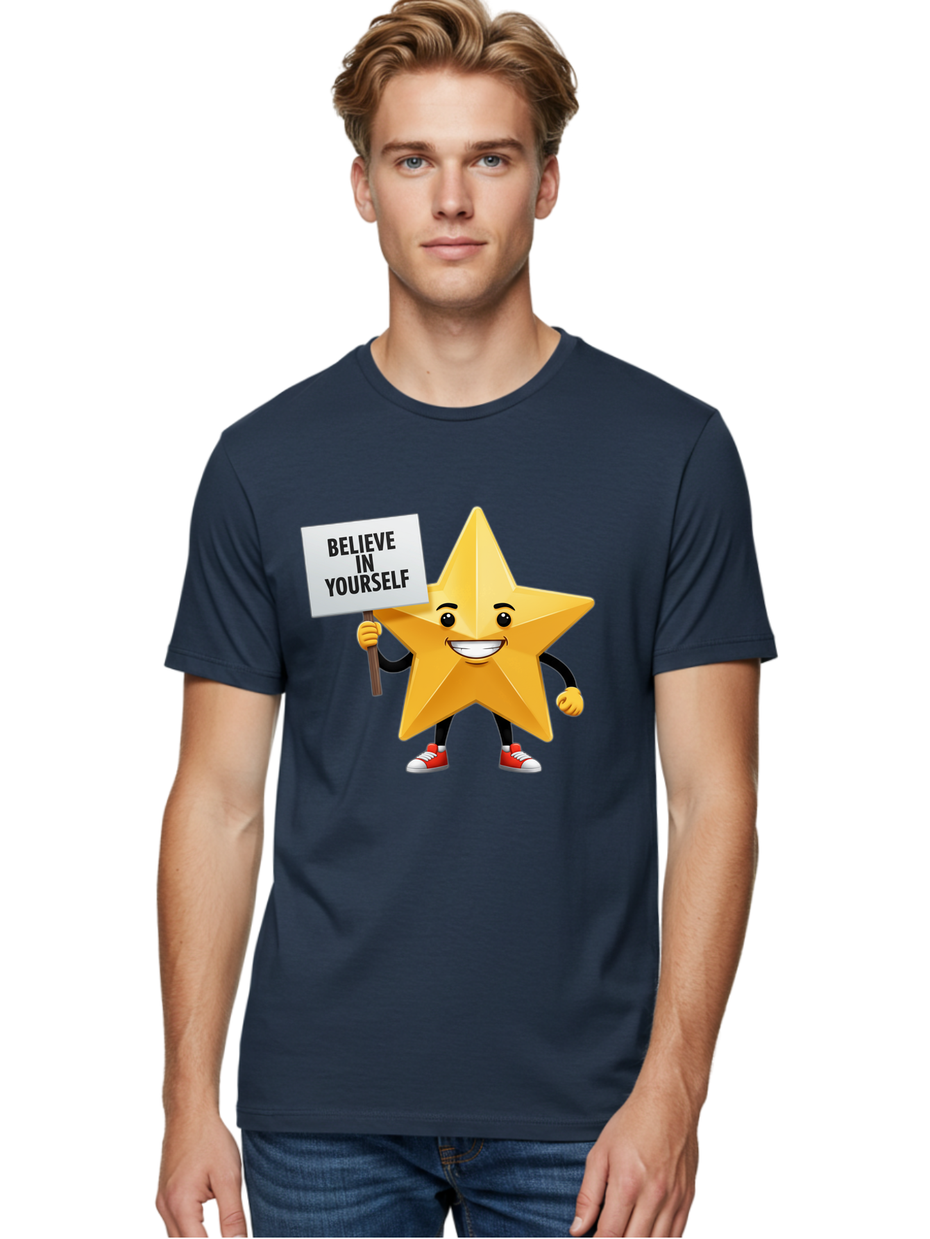 Believe-In-Yourself-6 Men'S Graphic Tee, 100% Cotton, Comfortable Casual Summer Wear, Machine Washable, Motivational Star, Inspirational Quote, Positive Message, Self-Confidence Booster, Cartoon Character, Yellow Star, Red Sneakers, Bae132 30