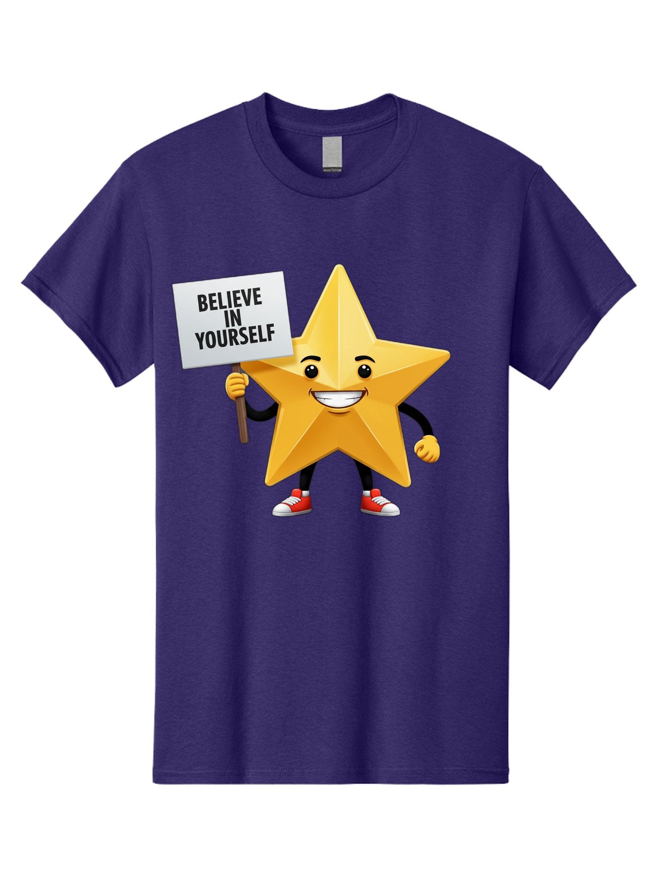 Believe-In-Yourself-6 Men'S Graphic Tee, 100% Cotton, Comfortable Casual Summer Wear, Machine Washable, Motivational Star, Inspirational Quote, Positive Message, Self-Confidence Booster, Cartoon Character, Yellow Star, Red Sneakers, Bae132 8