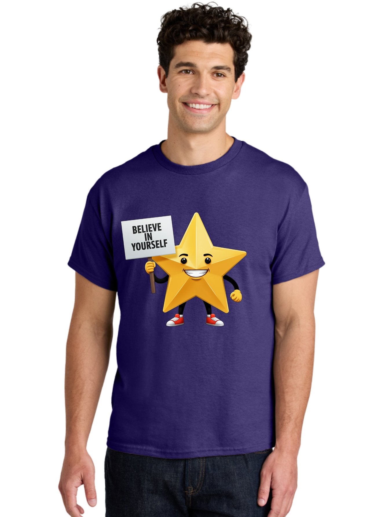 Believe-In-Yourself-6 Men'S Graphic Tee, 100% Cotton, Comfortable Casual Summer Wear, Machine Washable, Motivational Star, Inspirational Quote, Positive Message, Self-Confidence Booster, Cartoon Character, Yellow Star, Red Sneakers, Bae132 25