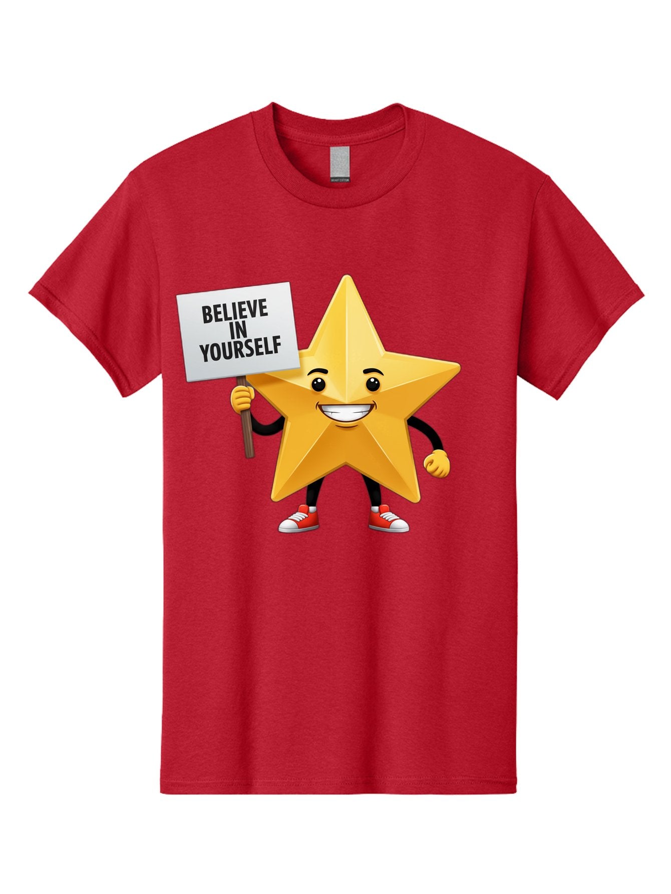 Believe-In-Yourself-6 Men'S Graphic Tee, 100% Cotton, Comfortable Casual Summer Wear, Machine Washable, Motivational Star, Inspirational Quote, Positive Message, Self-Confidence Booster, Cartoon Character, Yellow Star, Red Sneakers, Bae132 5