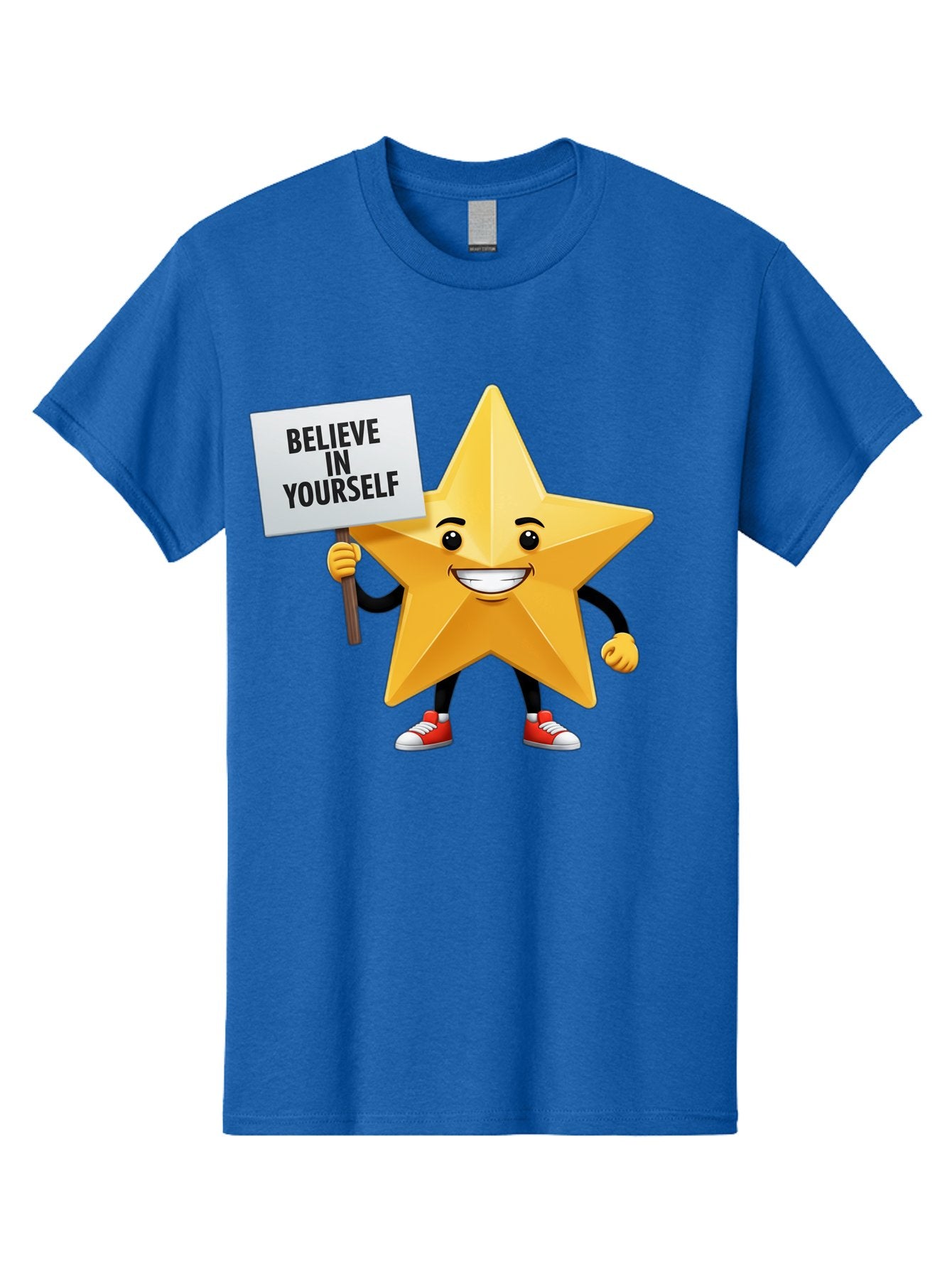 Believe-In-Yourself-6 Men'S Graphic Tee, 100% Cotton, Comfortable Casual Summer Wear, Machine Washable, Motivational Star, Inspirational Quote, Positive Message, Self-Confidence Booster, Cartoon Character, Yellow Star, Red Sneakers, Bae132 9