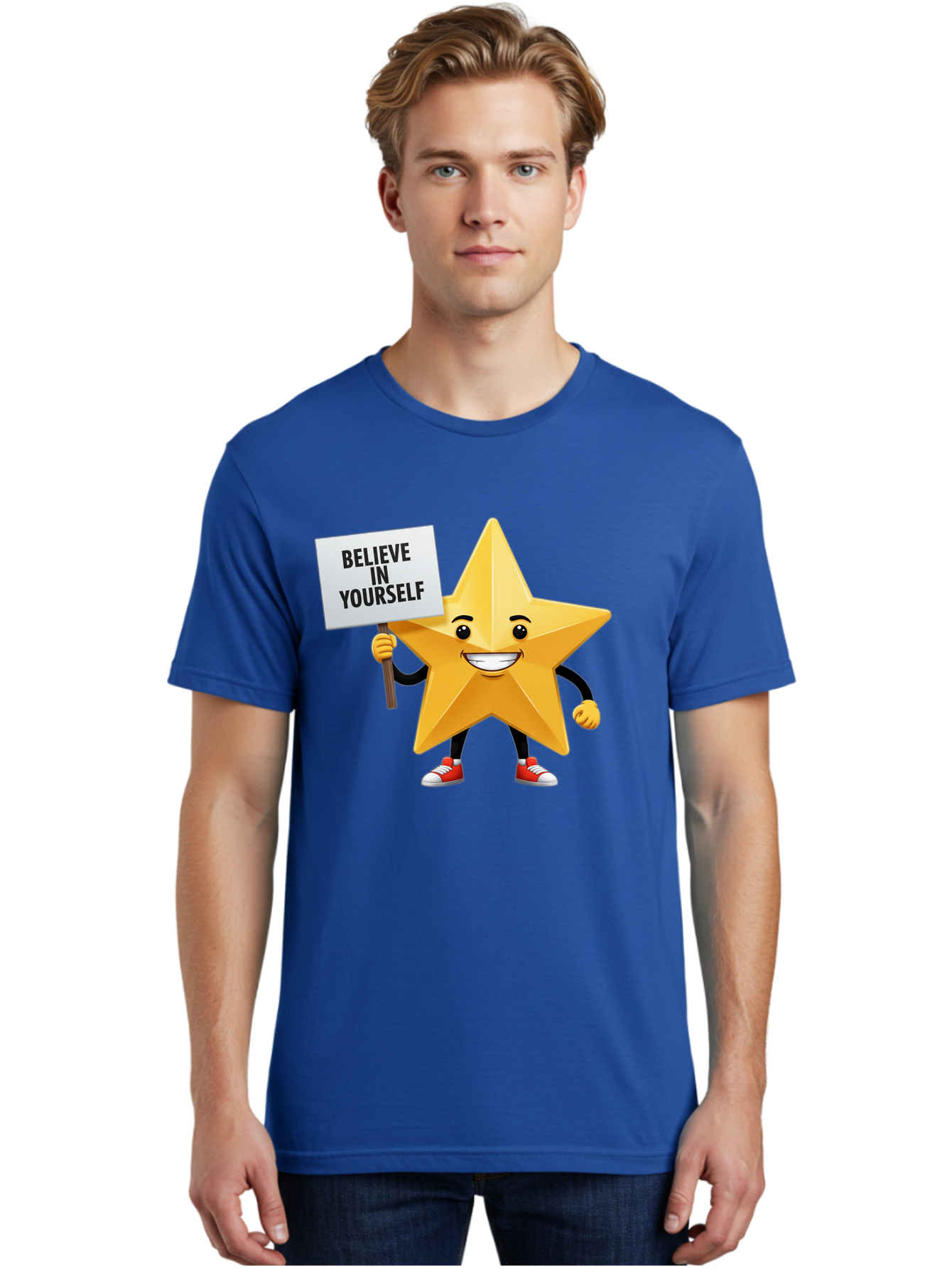 Believe-In-Yourself-6 Men'S Graphic Tee, 100% Cotton, Comfortable Casual Summer Wear, Machine Washable, Motivational Star, Inspirational Quote, Positive Message, Self-Confidence Booster, Cartoon Character, Yellow Star, Red Sneakers, Bae132 20