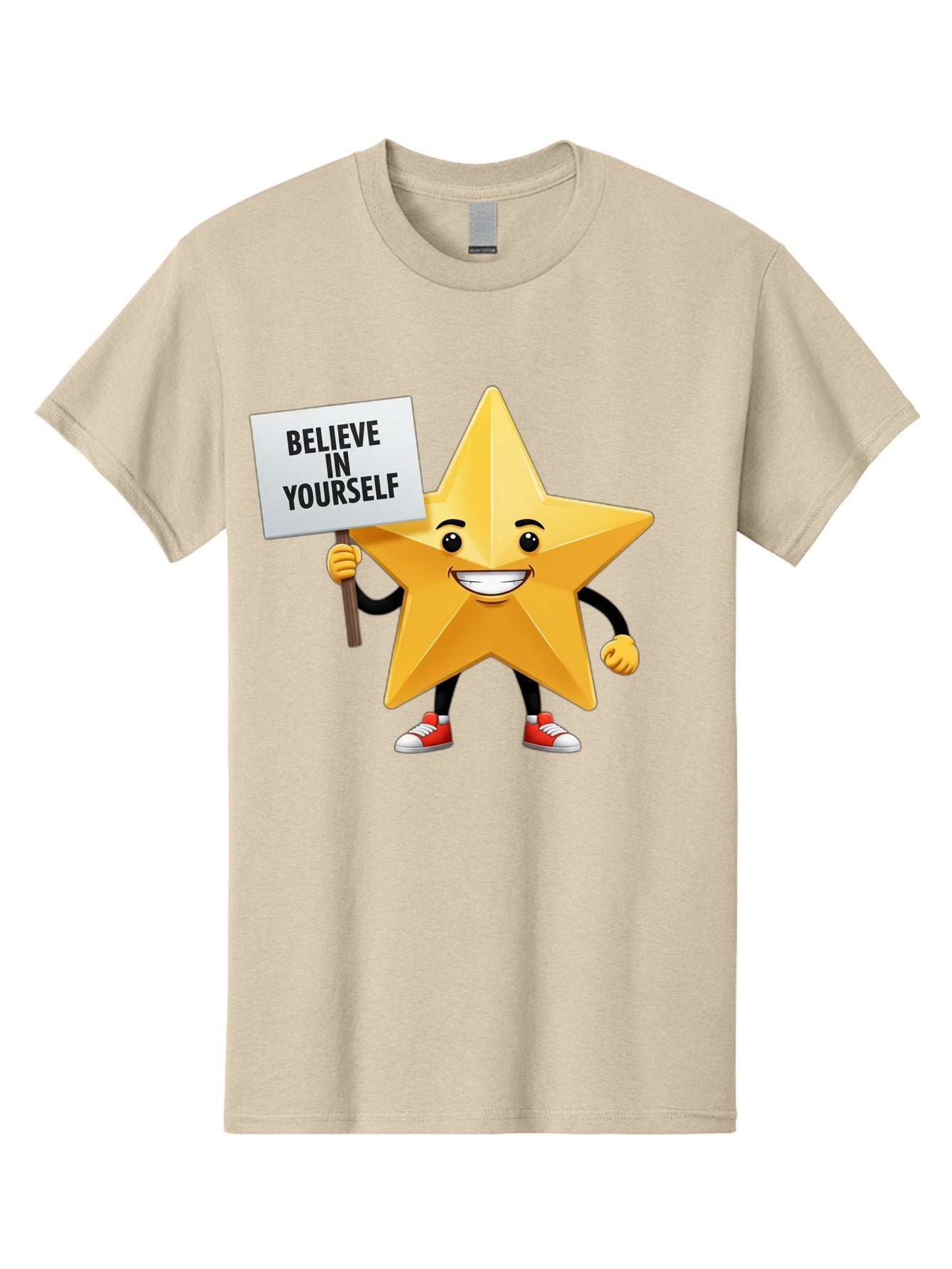 Believe-In-Yourself-6 Men'S Graphic Tee, 100% Cotton, Comfortable Casual Summer Wear, Machine Washable, Motivational Star, Inspirational Quote, Positive Message, Self-Confidence Booster, Cartoon Character, Yellow Star, Red Sneakers, Bae132 10