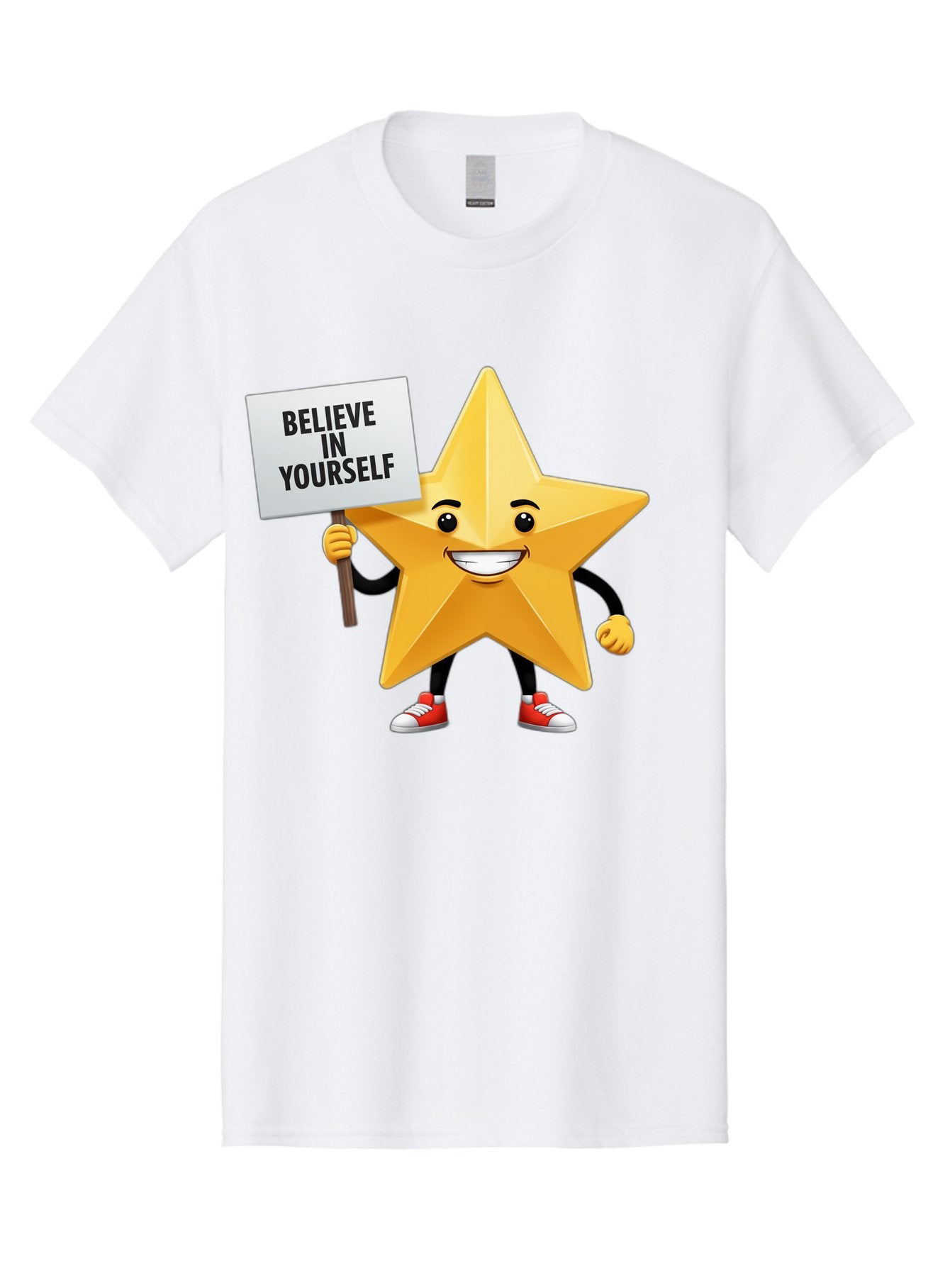 Believe-In-Yourself-6 Men'S Graphic Tee, 100% Cotton, Comfortable Casual Summer Wear, Machine Washable, Motivational Star, Inspirational Quote, Positive Message, Self-Confidence Booster, Cartoon Character, Yellow Star, Red Sneakers, Bae132 3