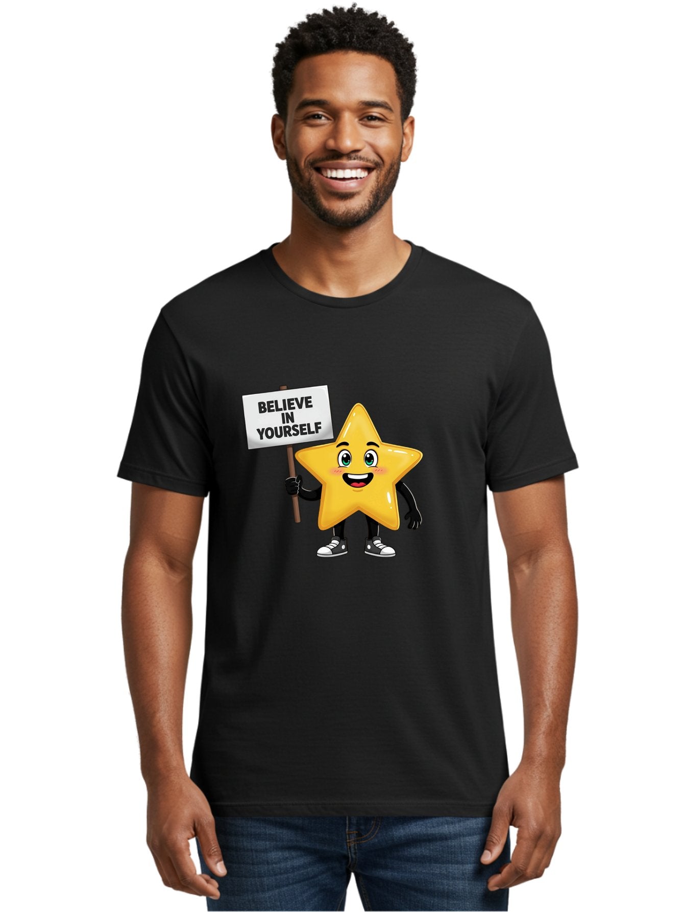 Believe-In-Yourself-7 Men'S Graphic Tee, 100% Cotton, Comfortable Casual Summer Wear, Machine Washable, Motivational Star, Positive Affirmation, Believe In Yourself, Inspirational Quote, Cartoon Character, Yellow Star, Motivational Message, Bae133 18