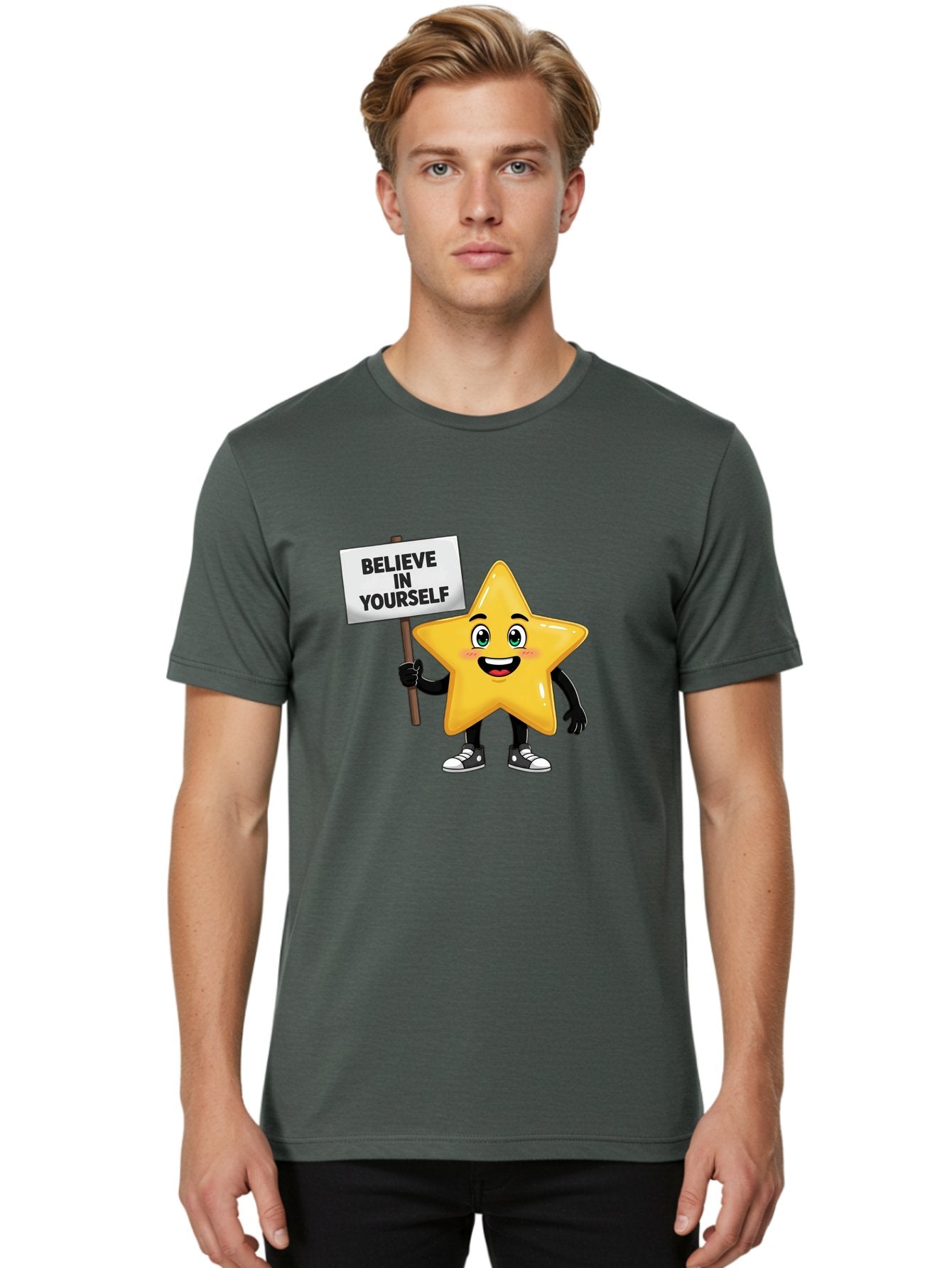 Believe-In-Yourself-7 Men'S Graphic Tee, 100% Cotton, Comfortable Casual Summer Wear, Machine Washable, Motivational Star, Positive Affirmation, Believe In Yourself, Inspirational Quote, Cartoon Character, Yellow Star, Motivational Message, Bae133 27