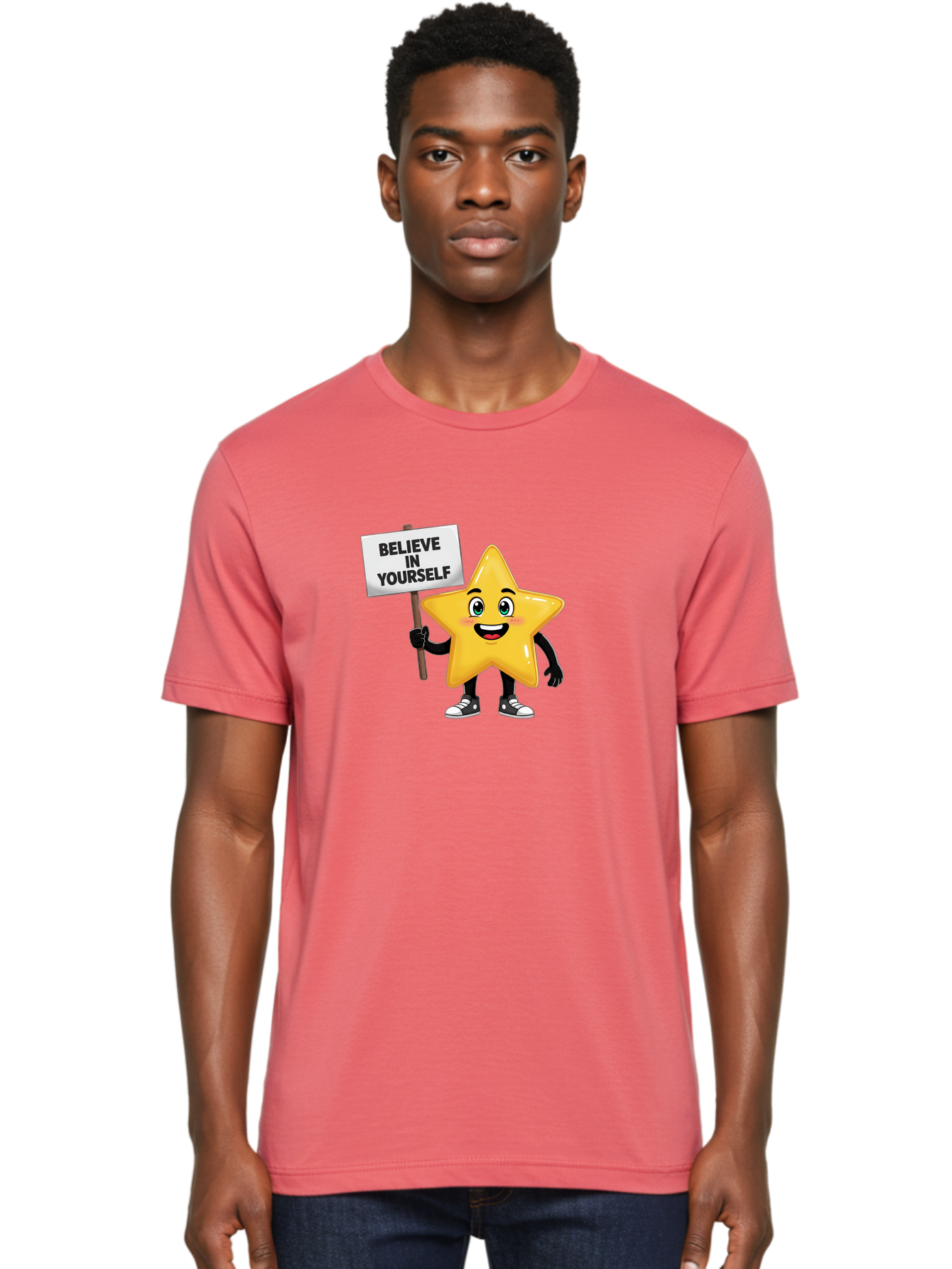 Believe-In-Yourself-7 Men'S Graphic Tee, 100% Cotton, Comfortable Casual Summer Wear, Machine Washable, Motivational Star, Positive Affirmation, Believe In Yourself, Inspirational Quote, Cartoon Character, Yellow Star, Motivational Message, Bae133 17