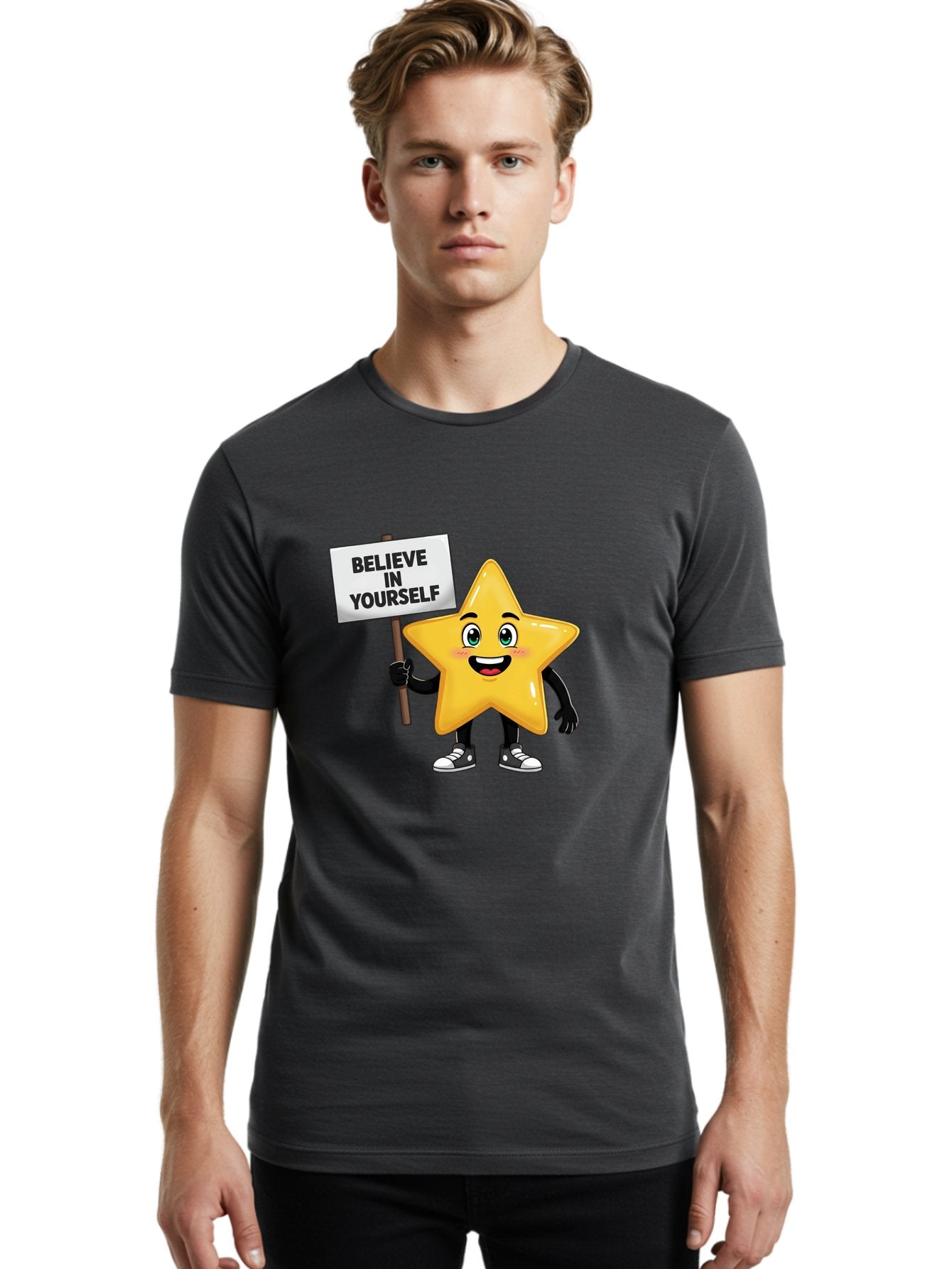 Believe-In-Yourself-7 Men'S Graphic Tee, 100% Cotton, Comfortable Casual Summer Wear, Machine Washable, Motivational Star, Positive Affirmation, Believe In Yourself, Inspirational Quote, Cartoon Character, Yellow Star, Motivational Message, Bae133 22