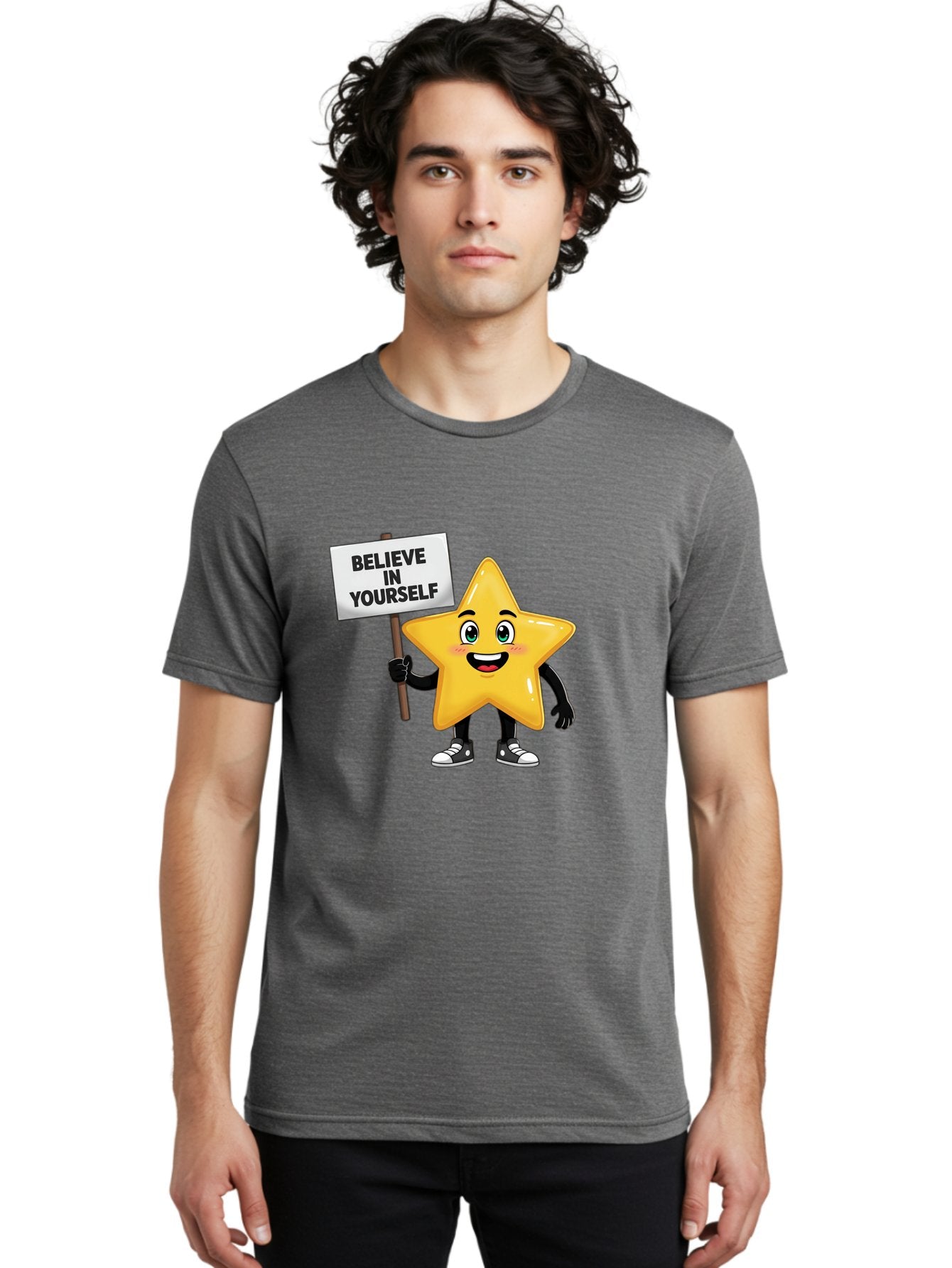 Believe-In-Yourself-7 Men'S Graphic Tee, 100% Cotton, Comfortable Casual Summer Wear, Machine Washable, Motivational Star, Positive Affirmation, Believe In Yourself, Inspirational Quote, Cartoon Character, Yellow Star, Motivational Message, Bae133 23