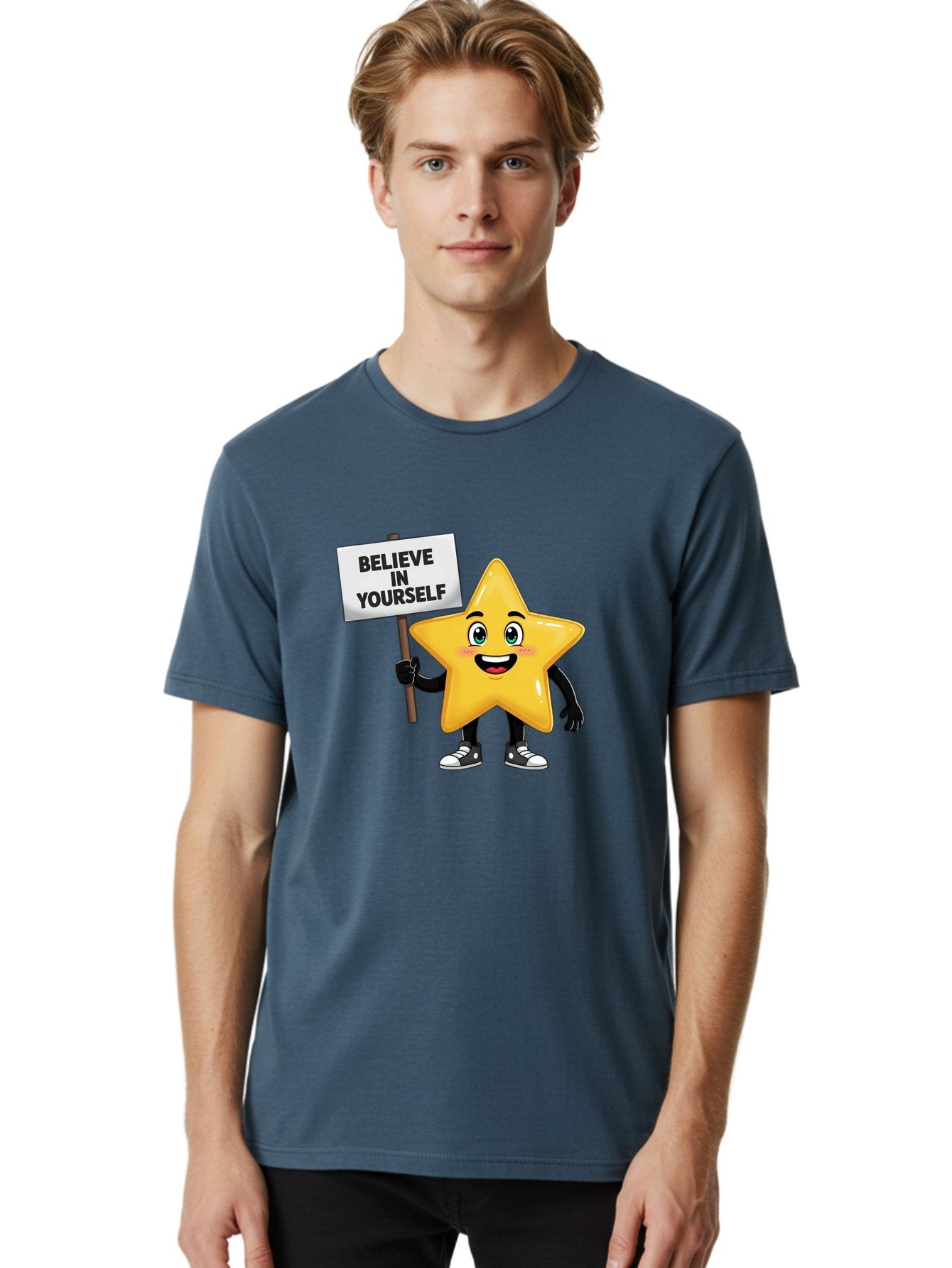 Believe-In-Yourself-7 Men'S Graphic Tee, 100% Cotton, Comfortable Casual Summer Wear, Machine Washable, Motivational Star, Positive Affirmation, Believe In Yourself, Inspirational Quote, Cartoon Character, Yellow Star, Motivational Message, Bae133 26