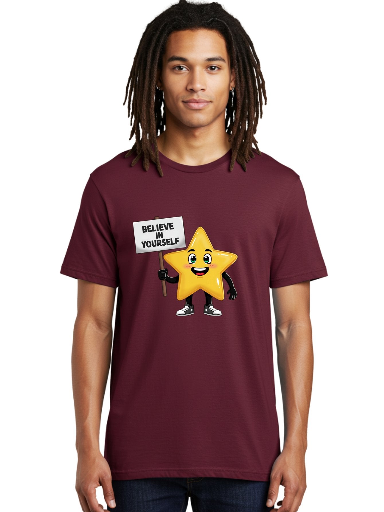 Believe-In-Yourself-7 Men'S Graphic Tee, 100% Cotton, Comfortable Casual Summer Wear, Machine Washable, Motivational Star, Positive Affirmation, Believe In Yourself, Inspirational Quote, Cartoon Character, Yellow Star, Motivational Message, Bae133 30
