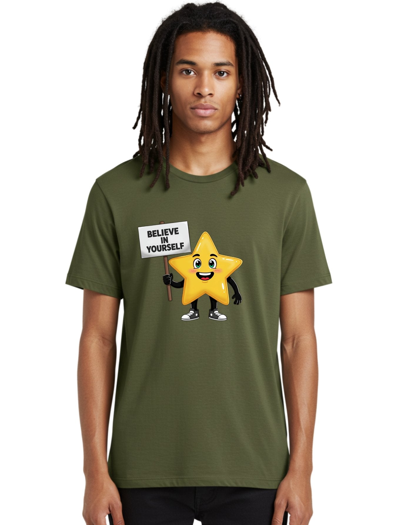 Believe-In-Yourself-7 Men'S Graphic Tee, 100% Cotton, Comfortable Casual Summer Wear, Machine Washable, Motivational Star, Positive Affirmation, Believe In Yourself, Inspirational Quote, Cartoon Character, Yellow Star, Motivational Message, Bae133 25
