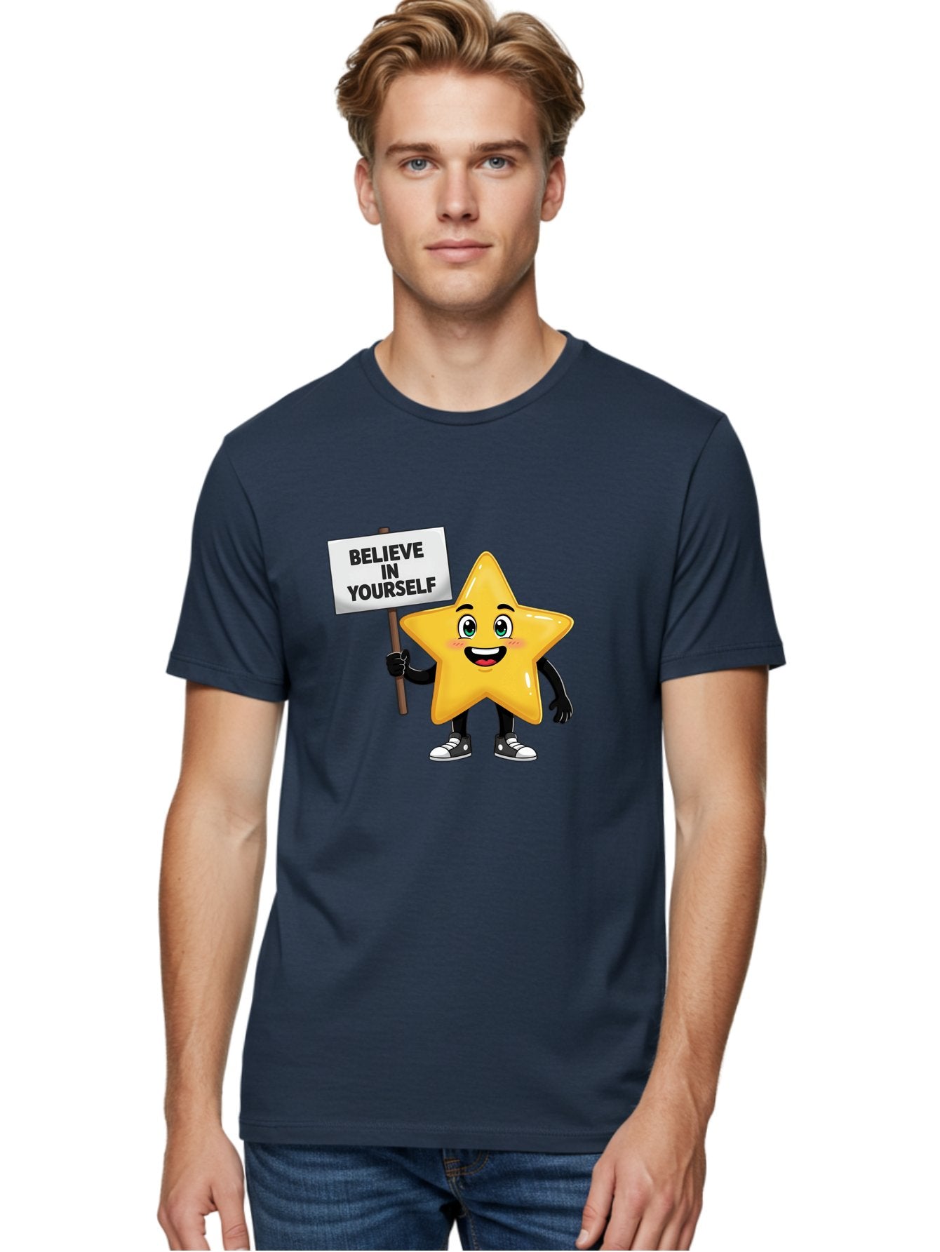 Believe-In-Yourself-7 Men'S Graphic Tee, 100% Cotton, Comfortable Casual Summer Wear, Machine Washable, Motivational Star, Positive Affirmation, Believe In Yourself, Inspirational Quote, Cartoon Character, Yellow Star, Motivational Message, Bae133 24