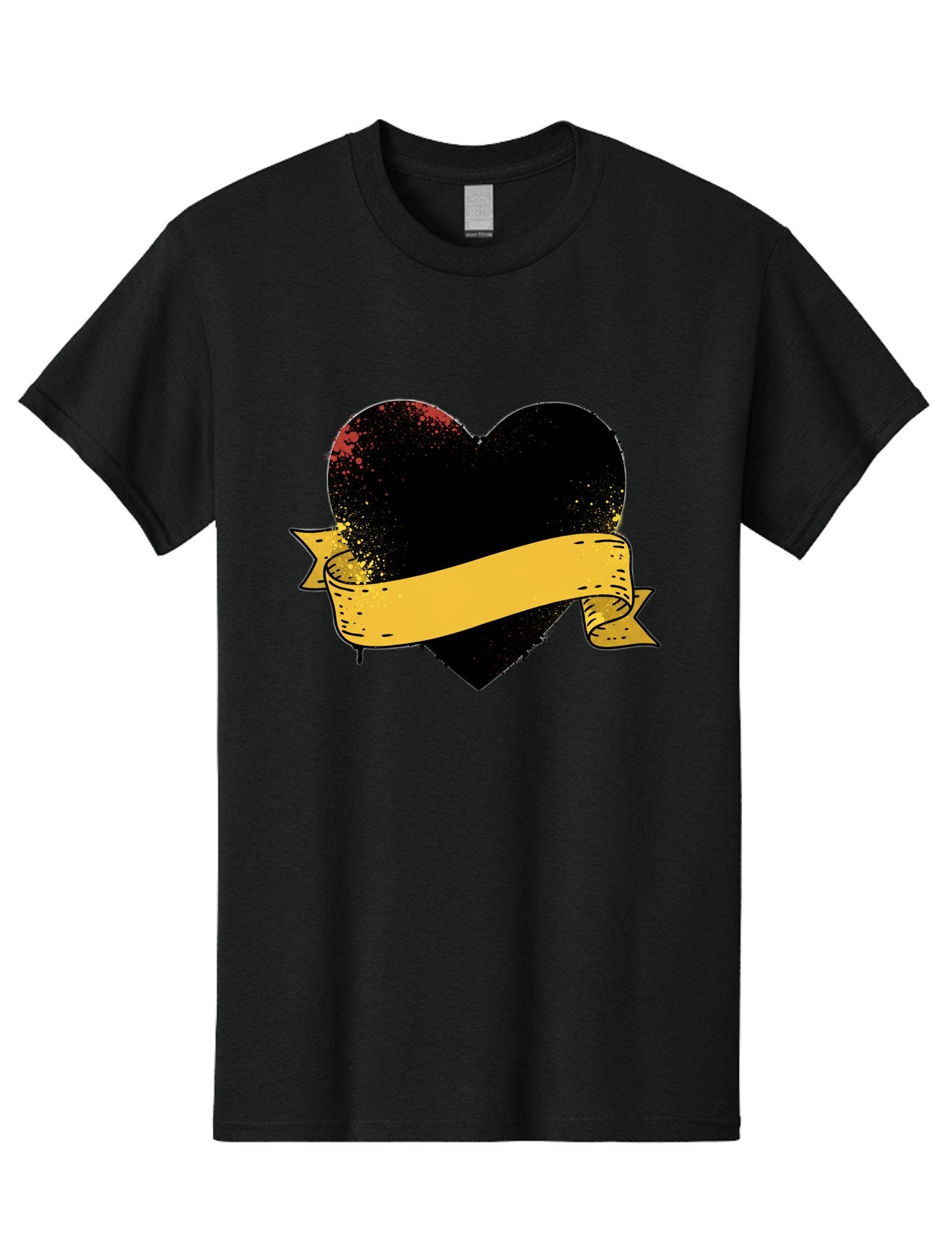 Black-Heart-With-Ribbon-Banner Men'S Graphic Tee, 100% Cotton, Comfortable Casual Summer Wear, Machine Washable, Black Heart, Yellow Ribbon, Grunge Style, Distressed Texture, Grungy Aesthetic, Vintage Design, Bold Graphics, Symbolic Heart, Bae137 9