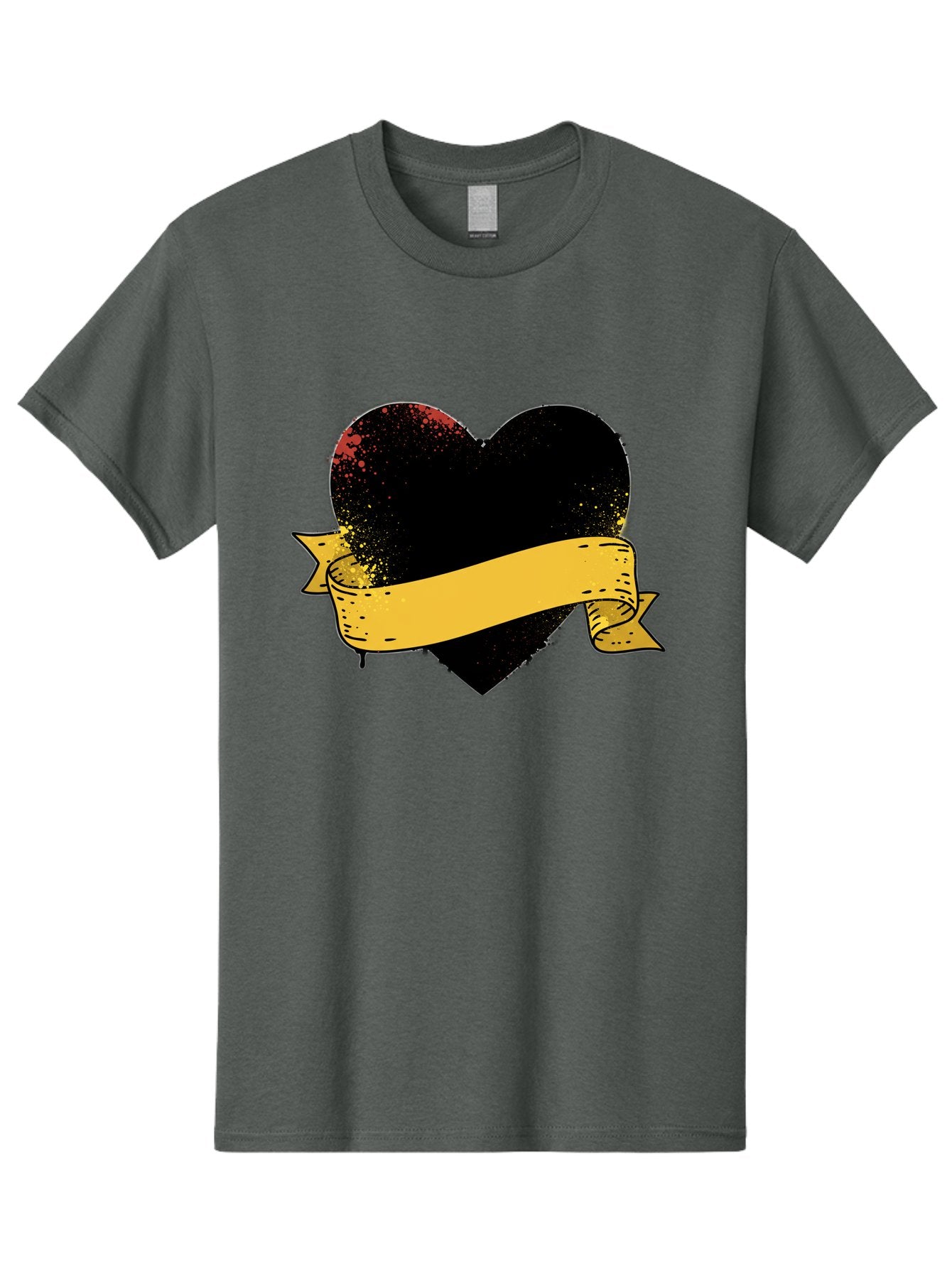 Black-Heart-With-Ribbon-Banner Men'S Graphic Tee, 100% Cotton, Comfortable Casual Summer Wear, Machine Washable, Black Heart, Yellow Ribbon, Grunge Style, Distressed Texture, Grungy Aesthetic, Vintage Design, Bold Graphics, Symbolic Heart, Bae137