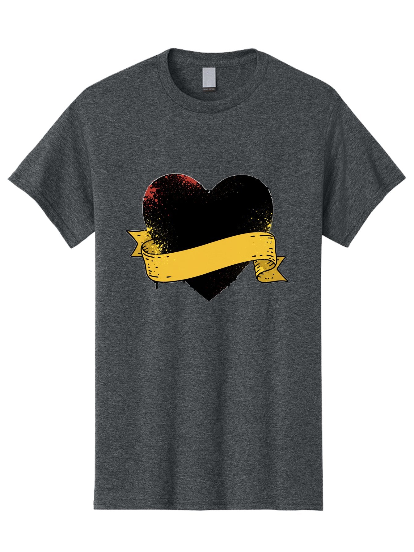 Black-Heart-With-Ribbon-Banner Men'S Graphic Tee, 100% Cotton, Comfortable Casual Summer Wear, Machine Washable, Black Heart, Yellow Ribbon, Grunge Style, Distressed Texture, Grungy Aesthetic, Vintage Design, Bold Graphics, Symbolic Heart, Bae137 12