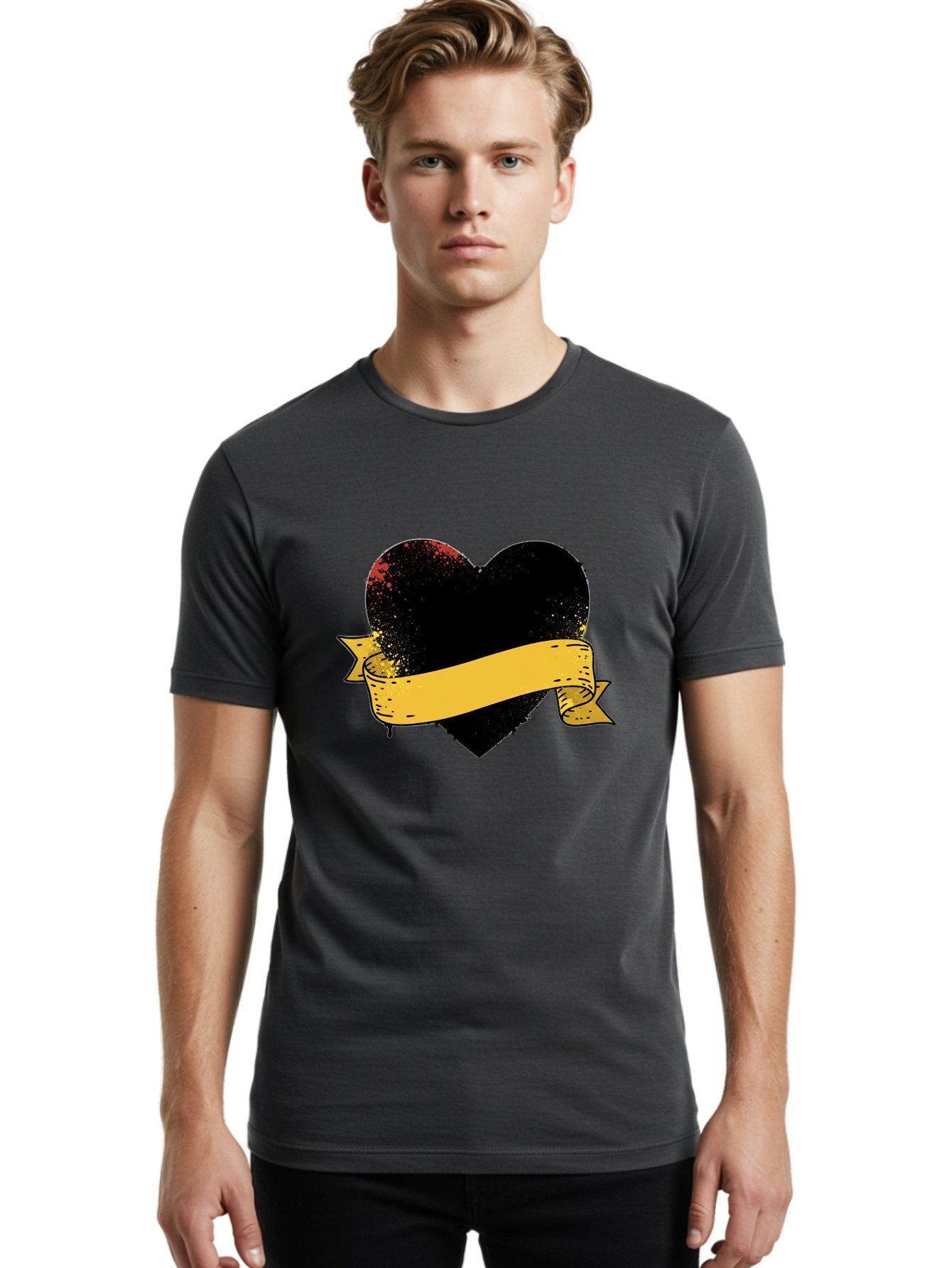 Black-Heart-With-Ribbon-Banner Men'S Graphic Tee, 100% Cotton, Comfortable Casual Summer Wear, Machine Washable, Black Heart, Yellow Ribbon, Grunge Style, Distressed Texture, Grungy Aesthetic, Vintage Design, Bold Graphics, Symbolic Heart, Bae137 28