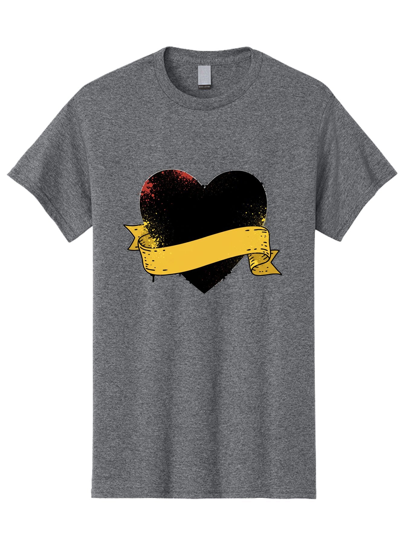 Black-Heart-With-Ribbon-Banner Men'S Graphic Tee, 100% Cotton, Comfortable Casual Summer Wear, Machine Washable, Black Heart, Yellow Ribbon, Grunge Style, Distressed Texture, Grungy Aesthetic, Vintage Design, Bold Graphics, Symbolic Heart, Bae137 15