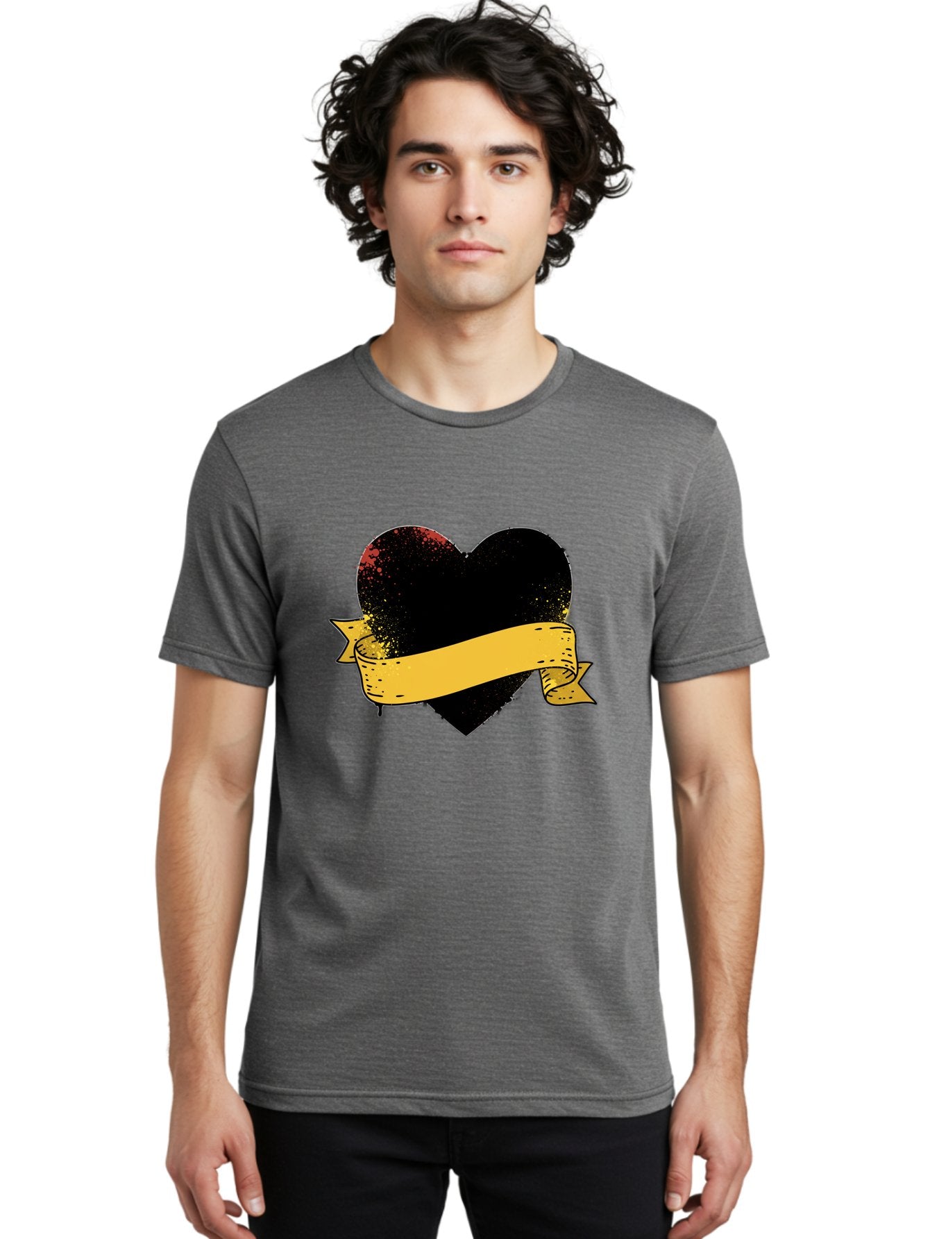 Black-Heart-With-Ribbon-Banner Men'S Graphic Tee, 100% Cotton, Comfortable Casual Summer Wear, Machine Washable, Black Heart, Yellow Ribbon, Grunge Style, Distressed Texture, Grungy Aesthetic, Vintage Design, Bold Graphics, Symbolic Heart, Bae137 30