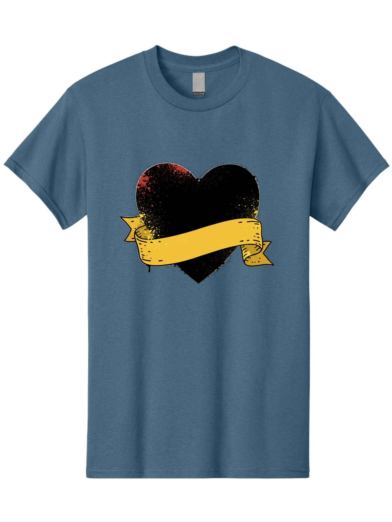 Black-Heart-With-Ribbon-Banner Men'S Graphic Tee, 100% Cotton, Comfortable Casual Summer Wear, Machine Washable, Black Heart, Yellow Ribbon, Grunge Style, Distressed Texture, Grungy Aesthetic, Vintage Design, Bold Graphics, Symbolic Heart, Bae137 11
