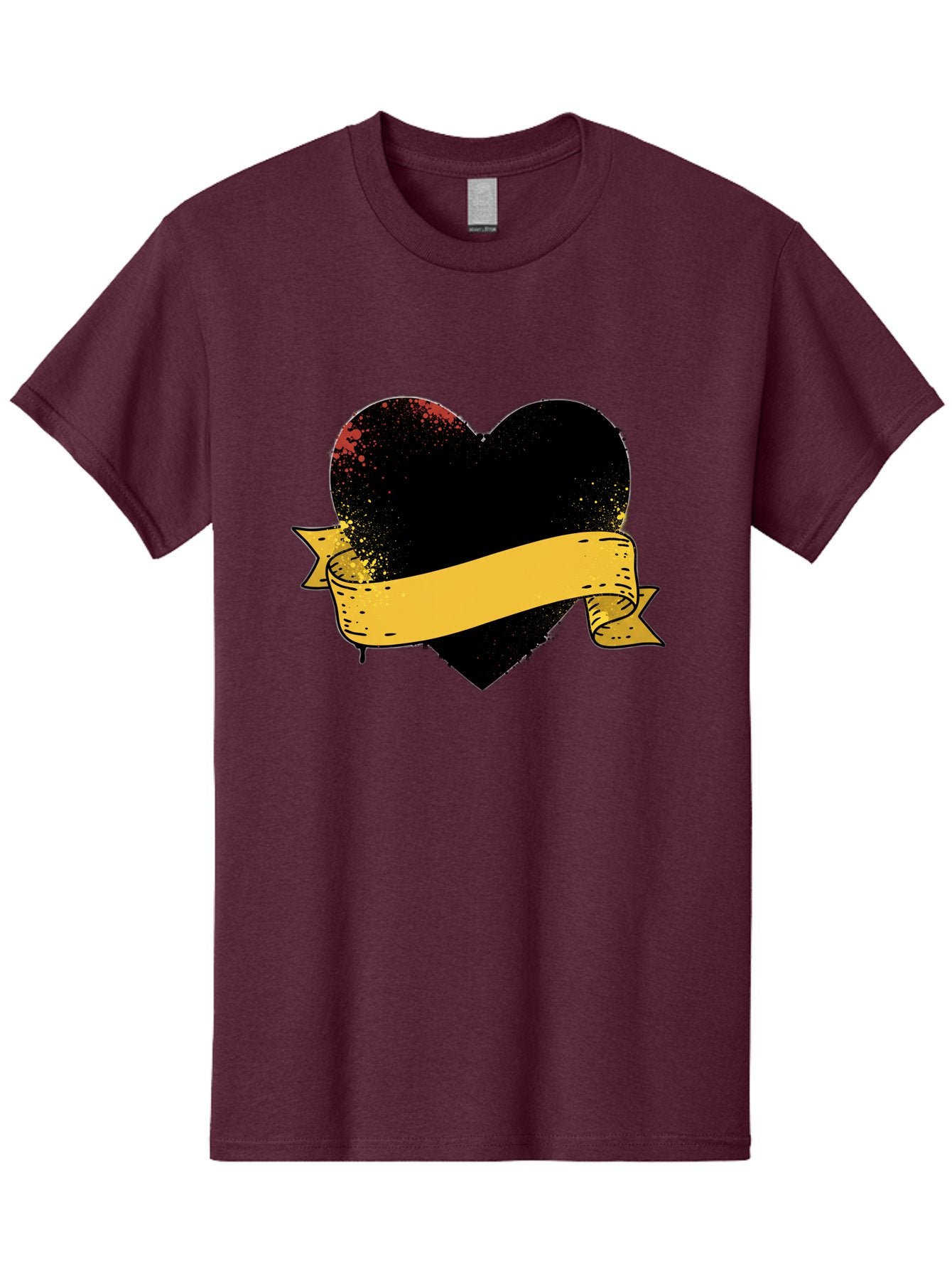 Black-Heart-With-Ribbon-Banner Men'S Graphic Tee, 100% Cotton, Comfortable Casual Summer Wear, Machine Washable, Black Heart, Yellow Ribbon, Grunge Style, Distressed Texture, Grungy Aesthetic, Vintage Design, Bold Graphics, Symbolic Heart, Bae137 14