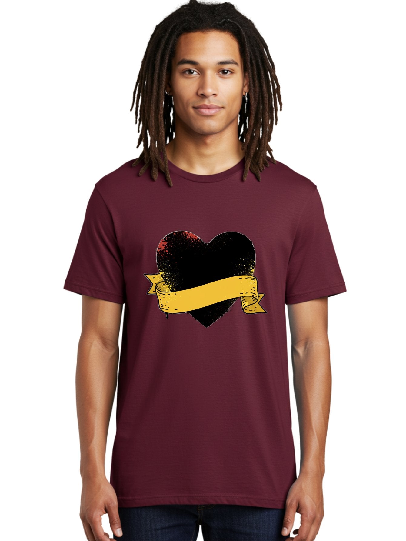Black-Heart-With-Ribbon-Banner Men'S Graphic Tee, 100% Cotton, Comfortable Casual Summer Wear, Machine Washable, Black Heart, Yellow Ribbon, Grunge Style, Distressed Texture, Grungy Aesthetic, Vintage Design, Bold Graphics, Symbolic Heart, Bae137 29