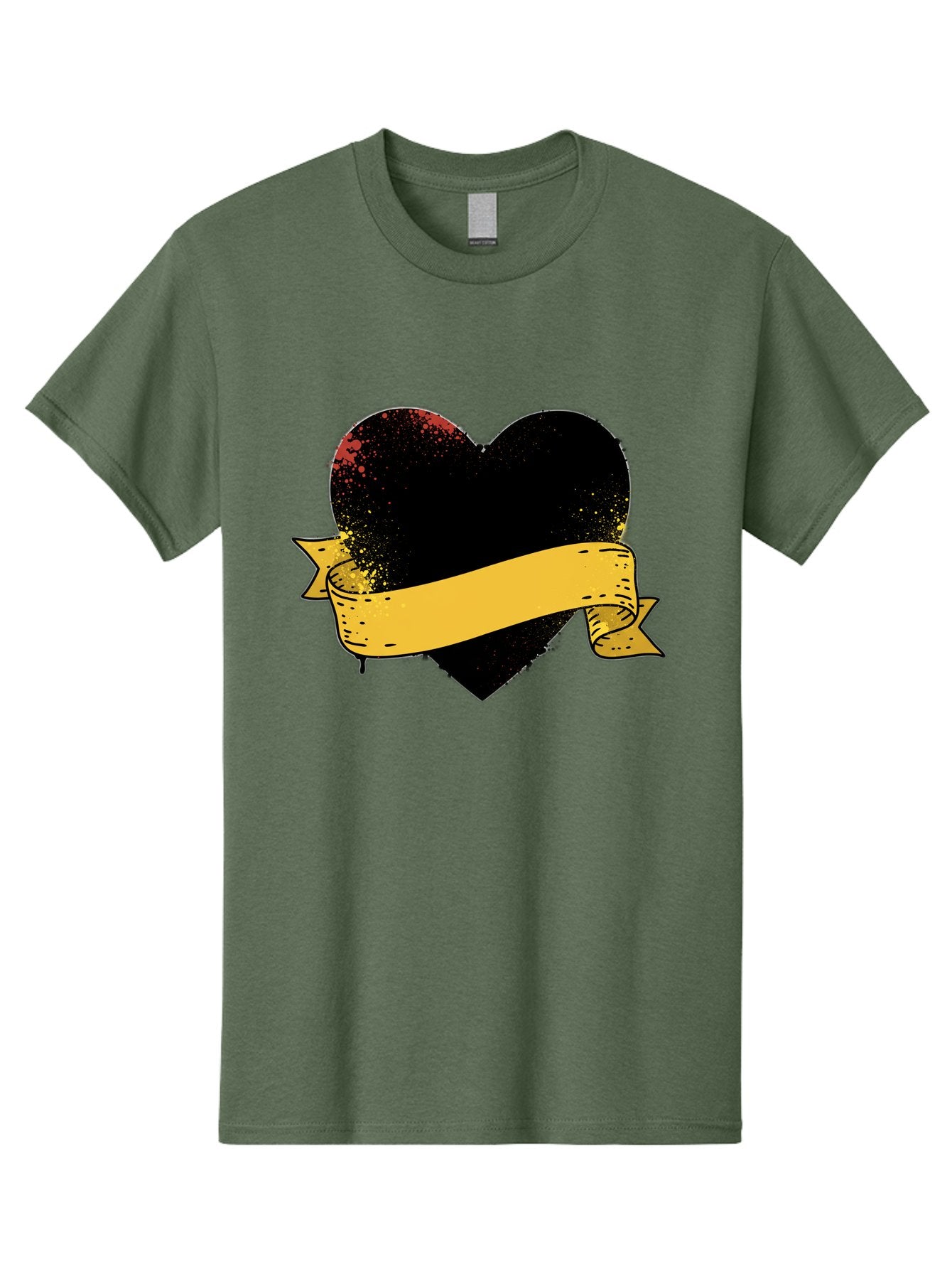 Black-Heart-With-Ribbon-Banner Men'S Graphic Tee, 100% Cotton, Comfortable Casual Summer Wear, Machine Washable, Black Heart, Yellow Ribbon, Grunge Style, Distressed Texture, Grungy Aesthetic, Vintage Design, Bold Graphics, Symbolic Heart, Bae137
