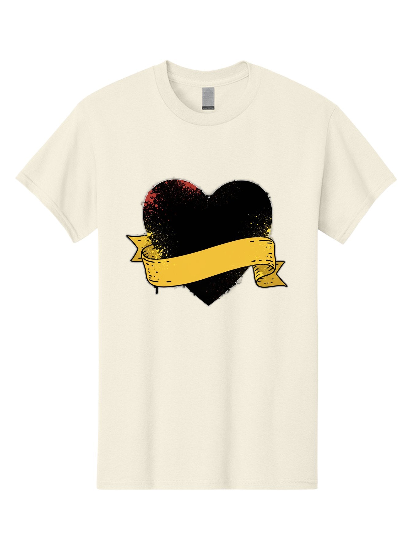Black-Heart-With-Ribbon-Banner Men'S Graphic Tee, 100% Cotton, Comfortable Casual Summer Wear, Machine Washable, Black Heart, Yellow Ribbon, Grunge Style, Distressed Texture, Grungy Aesthetic, Vintage Design, Bold Graphics, Symbolic Heart, Bae137 7