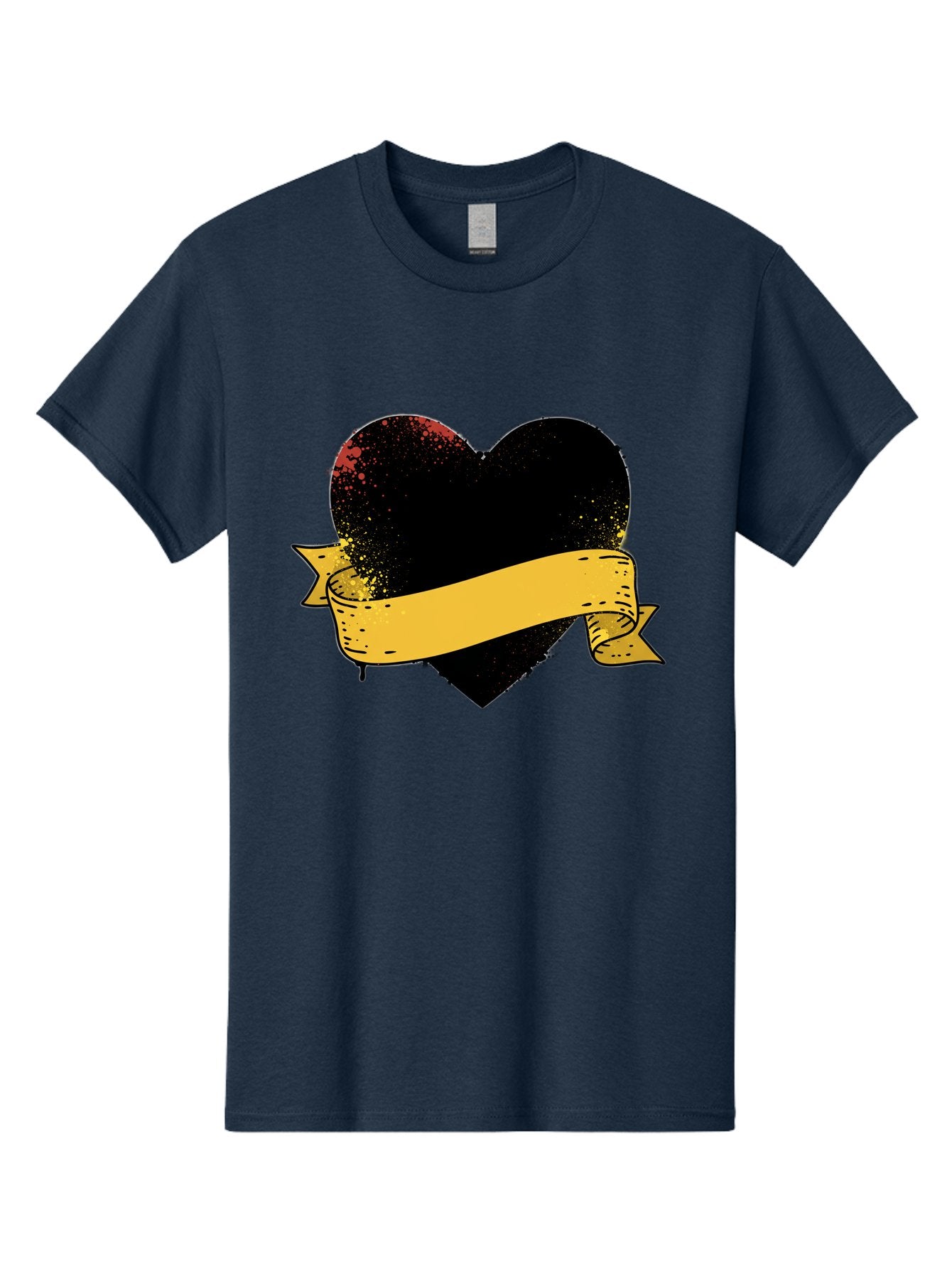 Black-Heart-With-Ribbon-Banner Men'S Graphic Tee, 100% Cotton, Comfortable Casual Summer Wear, Machine Washable, Black Heart, Yellow Ribbon, Grunge Style, Distressed Texture, Grungy Aesthetic, Vintage Design, Bold Graphics, Symbolic Heart, Bae137 3