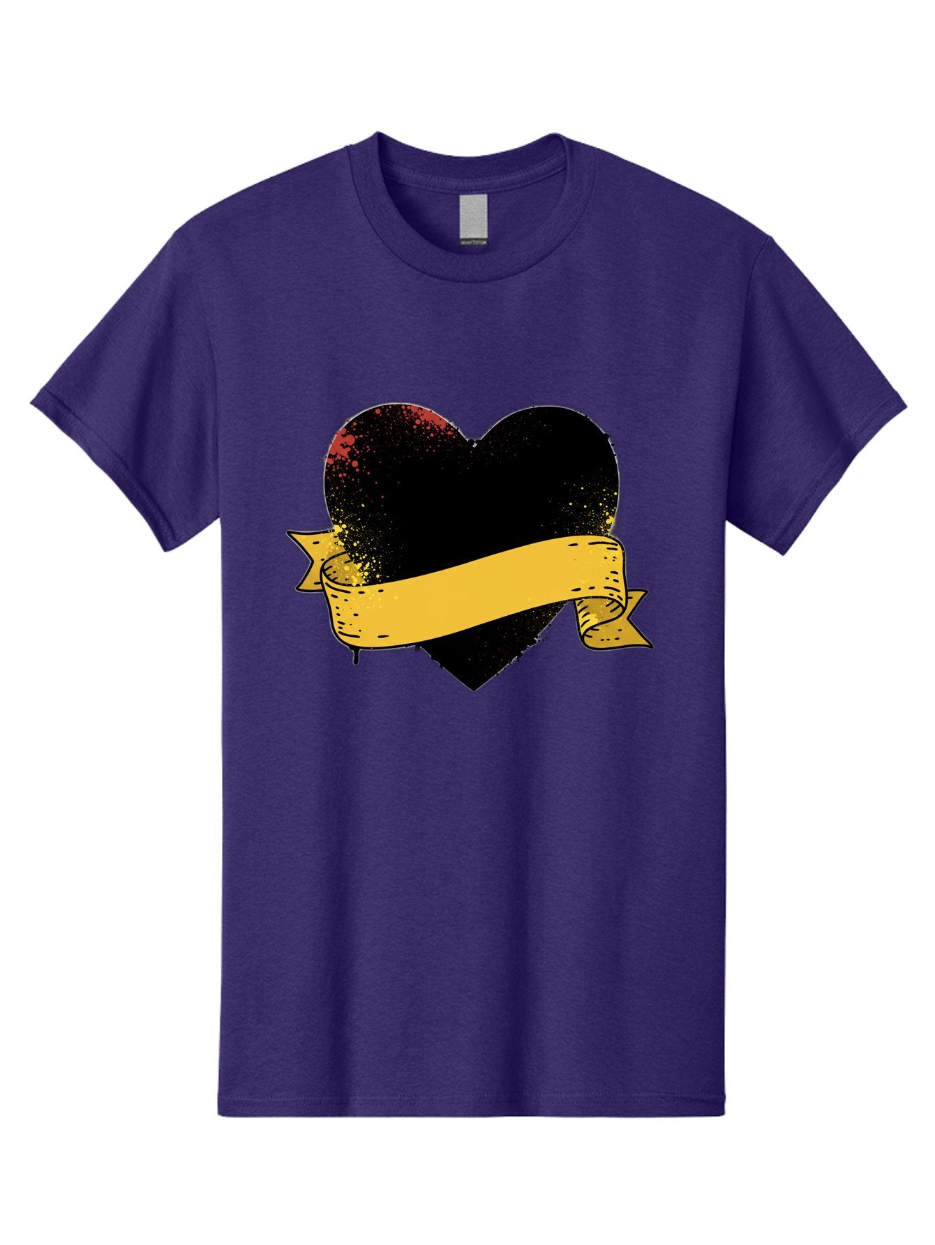 Black-Heart-With-Ribbon-Banner Men'S Graphic Tee, 100% Cotton, Comfortable Casual Summer Wear, Machine Washable, Black Heart, Yellow Ribbon, Grunge Style, Distressed Texture, Grungy Aesthetic, Vintage Design, Bold Graphics, Symbolic Heart, Bae137 10