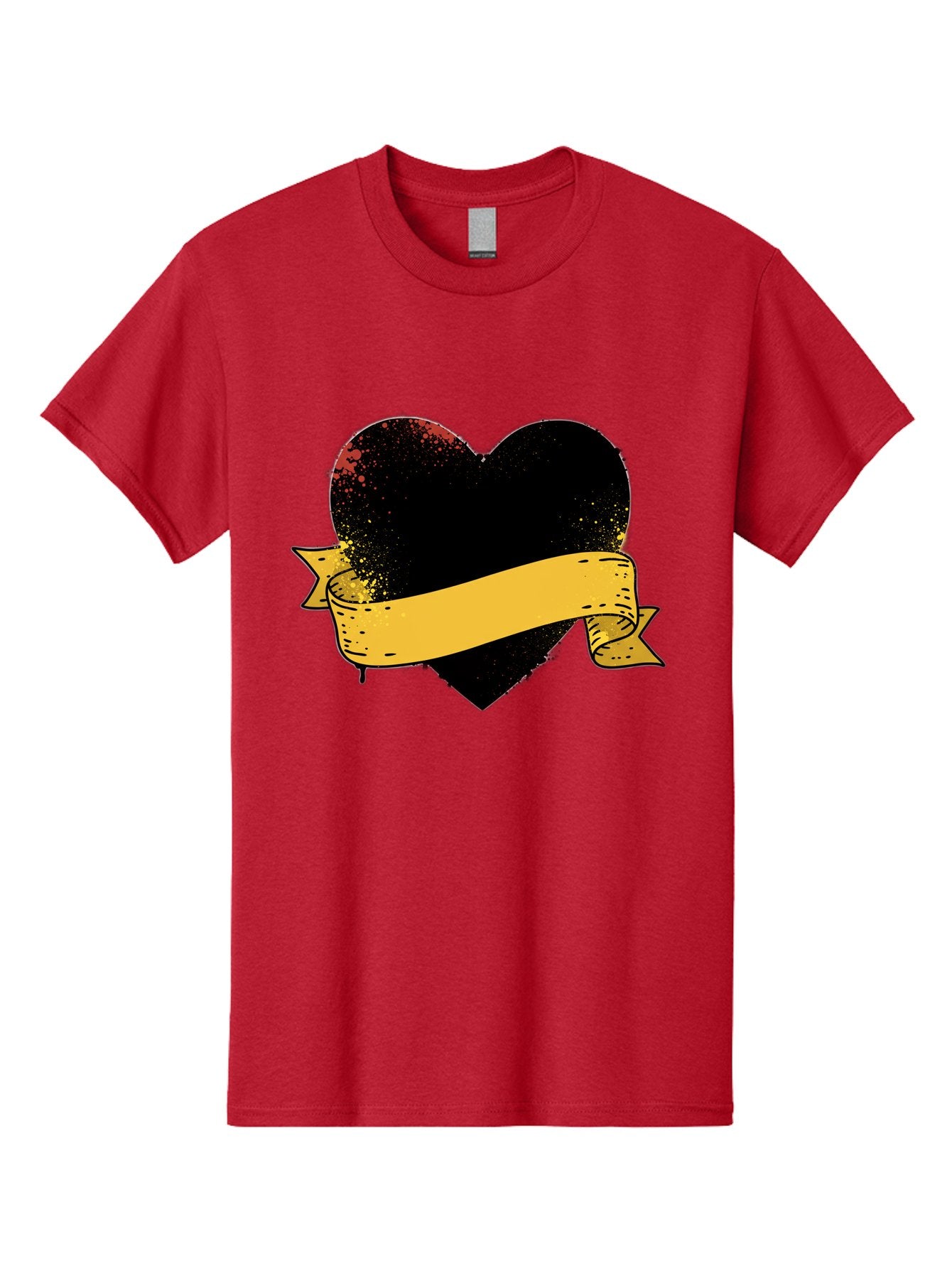Black-Heart-With-Ribbon-Banner Men'S Graphic Tee, 100% Cotton, Comfortable Casual Summer Wear, Machine Washable, Black Heart, Yellow Ribbon, Grunge Style, Distressed Texture, Grungy Aesthetic, Vintage Design, Bold Graphics, Symbolic Heart, Bae137 13