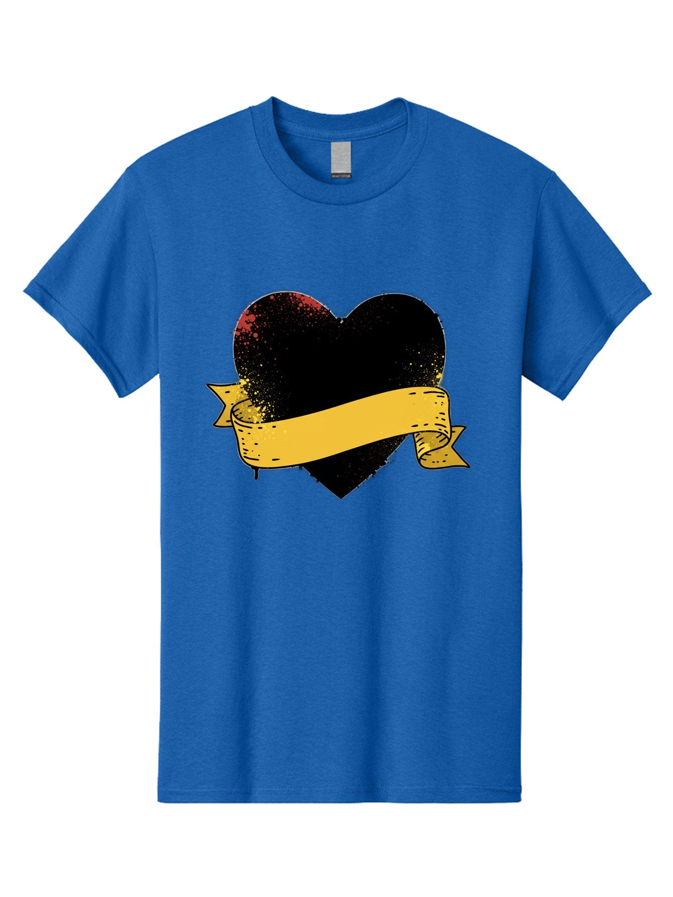 Black-Heart-With-Ribbon-Banner Men'S Graphic Tee, 100% Cotton, Comfortable Casual Summer Wear, Machine Washable, Black Heart, Yellow Ribbon, Grunge Style, Distressed Texture, Grungy Aesthetic, Vintage Design, Bold Graphics, Symbolic Heart, Bae137 5