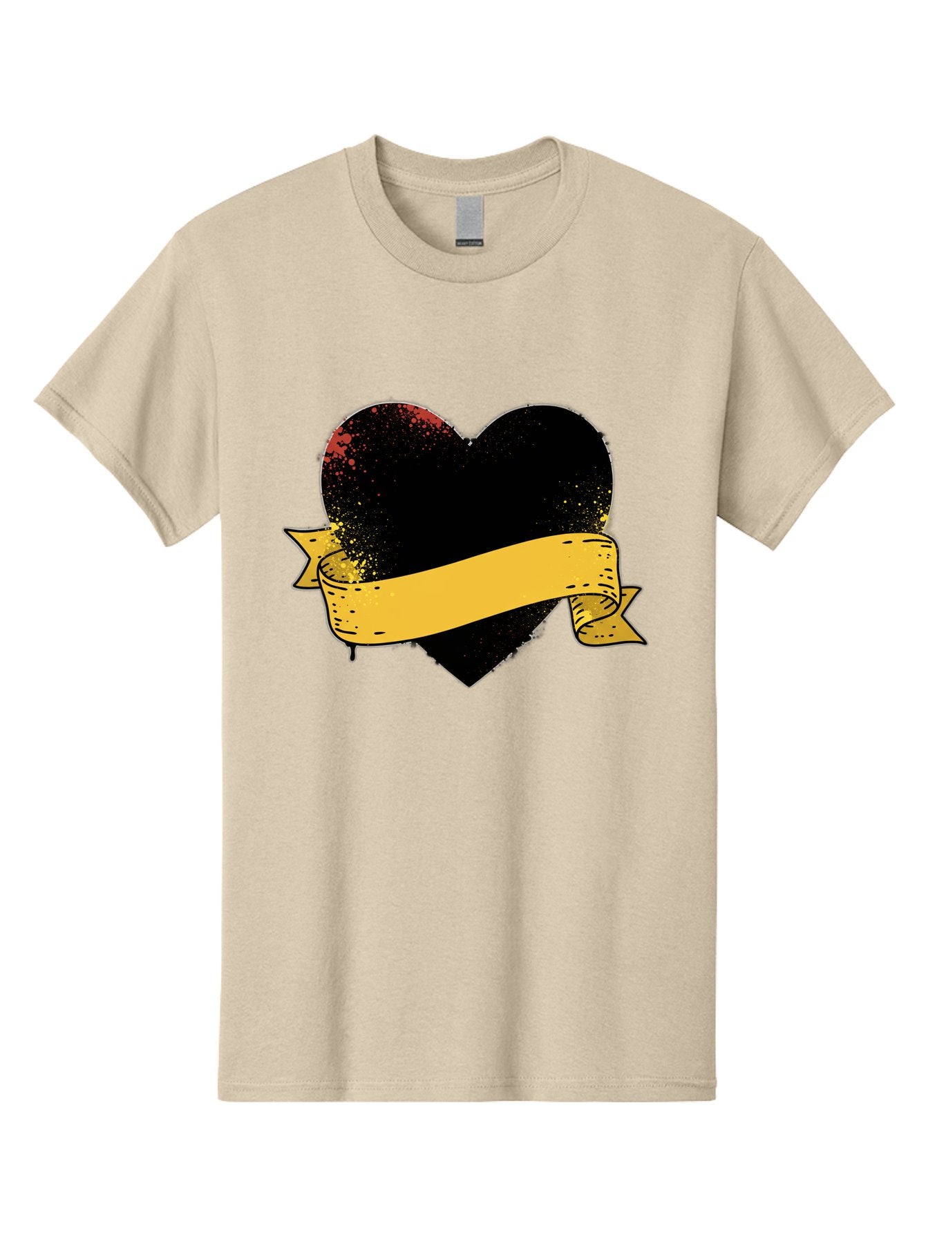 Black-Heart-With-Ribbon-Banner Men'S Graphic Tee, 100% Cotton, Comfortable Casual Summer Wear, Machine Washable, Black Heart, Yellow Ribbon, Grunge Style, Distressed Texture, Grungy Aesthetic, Vintage Design, Bold Graphics, Symbolic Heart, Bae137 4