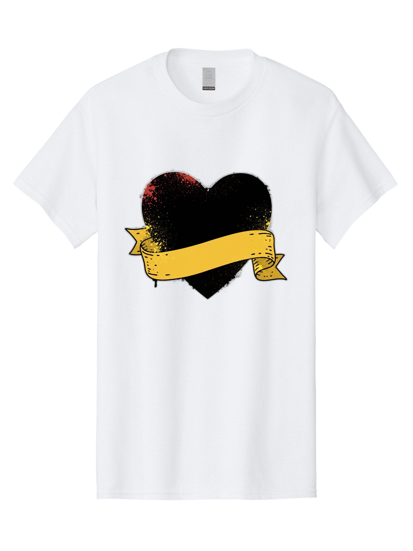 Black-Heart-With-Ribbon-Banner Men'S Graphic Tee, 100% Cotton, Comfortable Casual Summer Wear, Machine Washable, Black Heart, Yellow Ribbon, Grunge Style, Distressed Texture, Grungy Aesthetic, Vintage Design, Bold Graphics, Symbolic Heart, Bae137 8