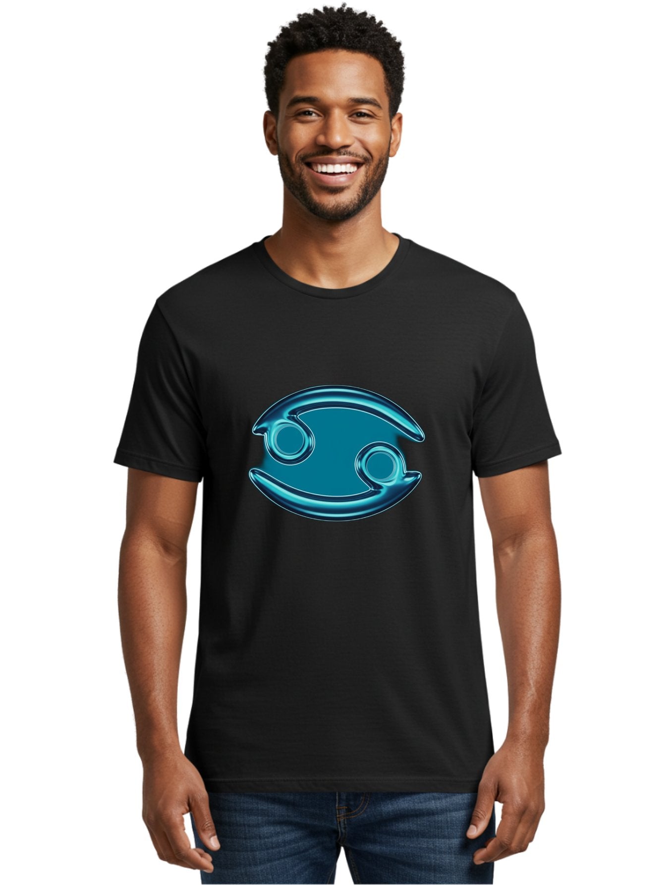 Blue-Pacman Men'S Graphic Tee, 100% Cotton, Comfortable Casual Summer Wear, Machine Washable, Blue Metallic Fish Logo, Stylized Fish Emblem, Abstract Fish Design, Chrome Effect, Modern Logo Style, Ocean Icon, Futuristic Symbol Bae138 26