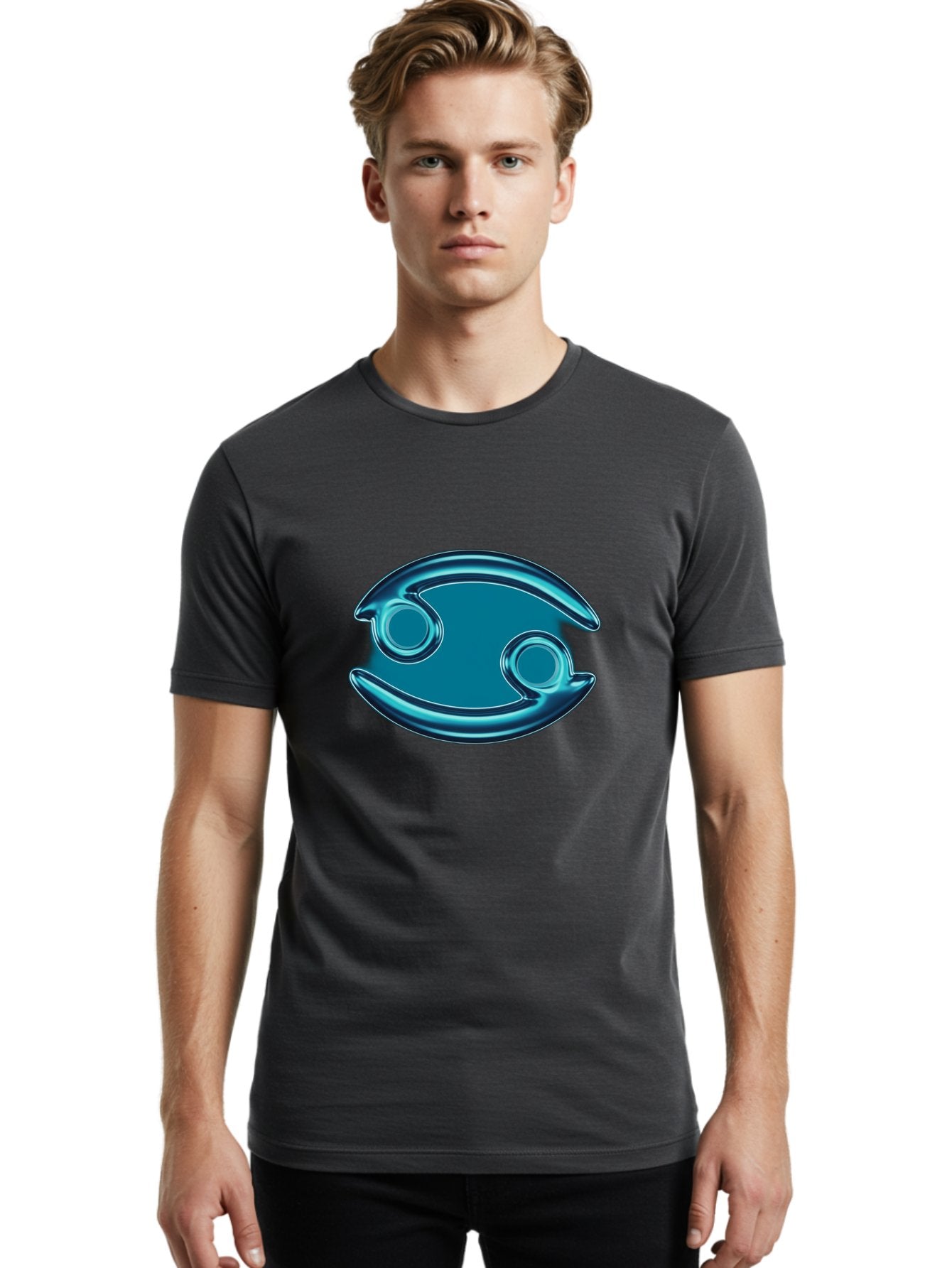 Blue-Pacman Men'S Graphic Tee, 100% Cotton, Comfortable Casual Summer Wear, Machine Washable, Blue Metallic Fish Logo, Stylized Fish Emblem, Abstract Fish Design, Chrome Effect, Modern Logo Style, Ocean Icon, Futuristic Symbol Bae138 20