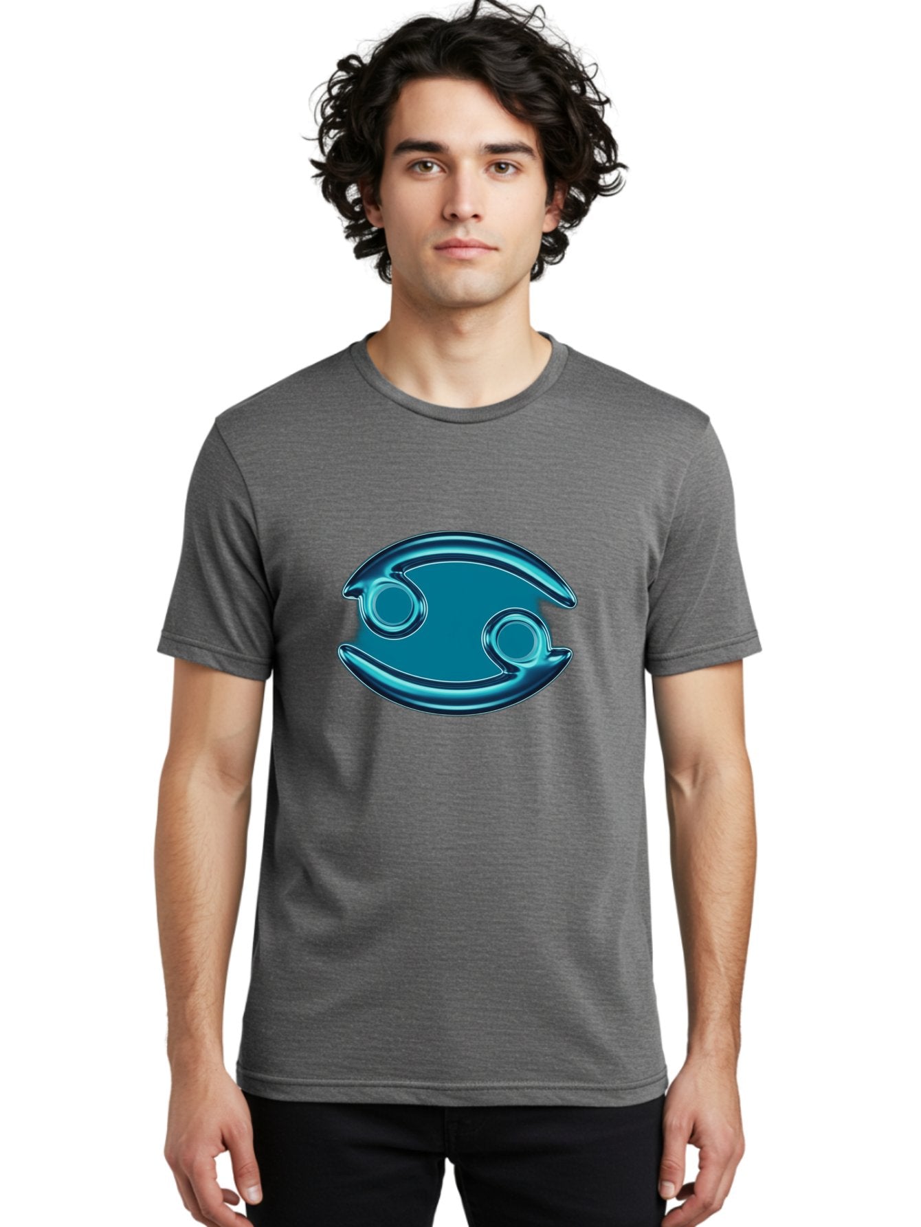 Blue-Pacman Men'S Graphic Tee, 100% Cotton, Comfortable Casual Summer Wear, Machine Washable, Blue Metallic Fish Logo, Stylized Fish Emblem, Abstract Fish Design, Chrome Effect, Modern Logo Style, Ocean Icon, Futuristic Symbol Bae138 28