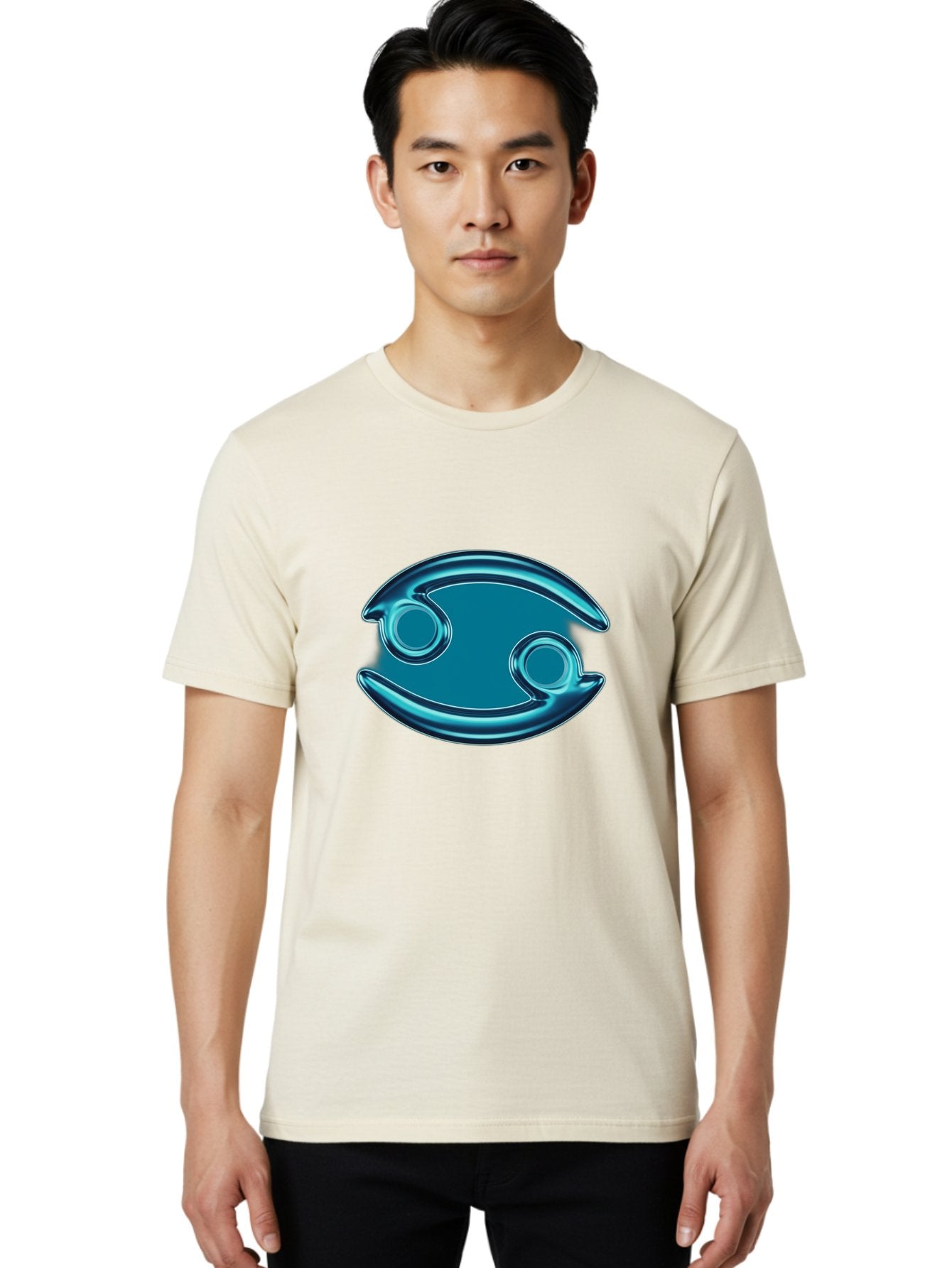 Blue-Pacman Men'S Graphic Tee, 100% Cotton, Comfortable Casual Summer Wear, Machine Washable, Blue Metallic Fish Logo, Stylized Fish Emblem, Abstract Fish Design, Chrome Effect, Modern Logo Style, Ocean Icon, Futuristic Symbol Bae138 27