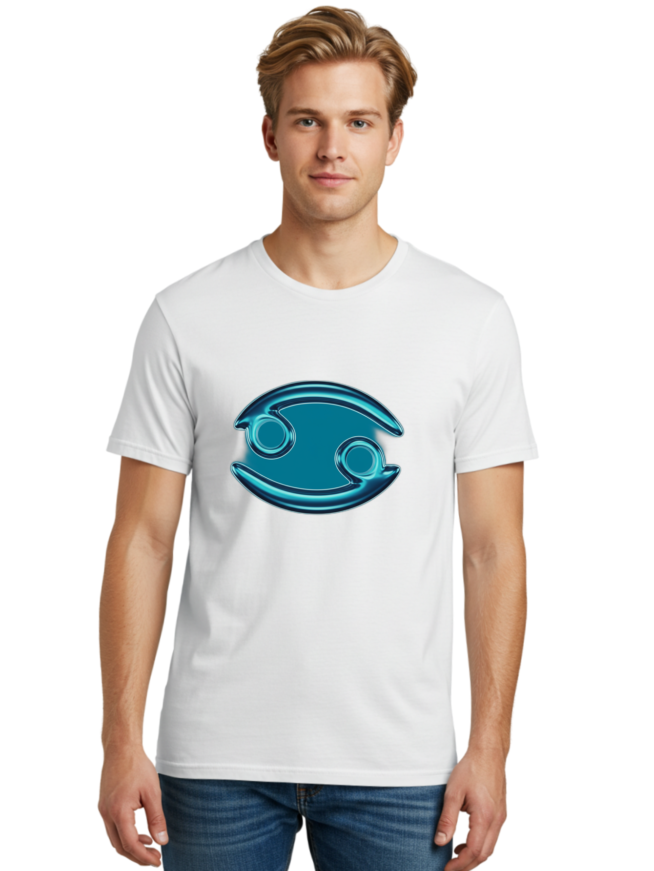 Blue-Pacman Men'S Graphic Tee, 100% Cotton, Comfortable Casual Summer Wear, Machine Washable, Blue Metallic Fish Logo, Stylized Fish Emblem, Abstract Fish Design, Chrome Effect, Modern Logo Style, Ocean Icon, Futuristic Symbol Bae138 24