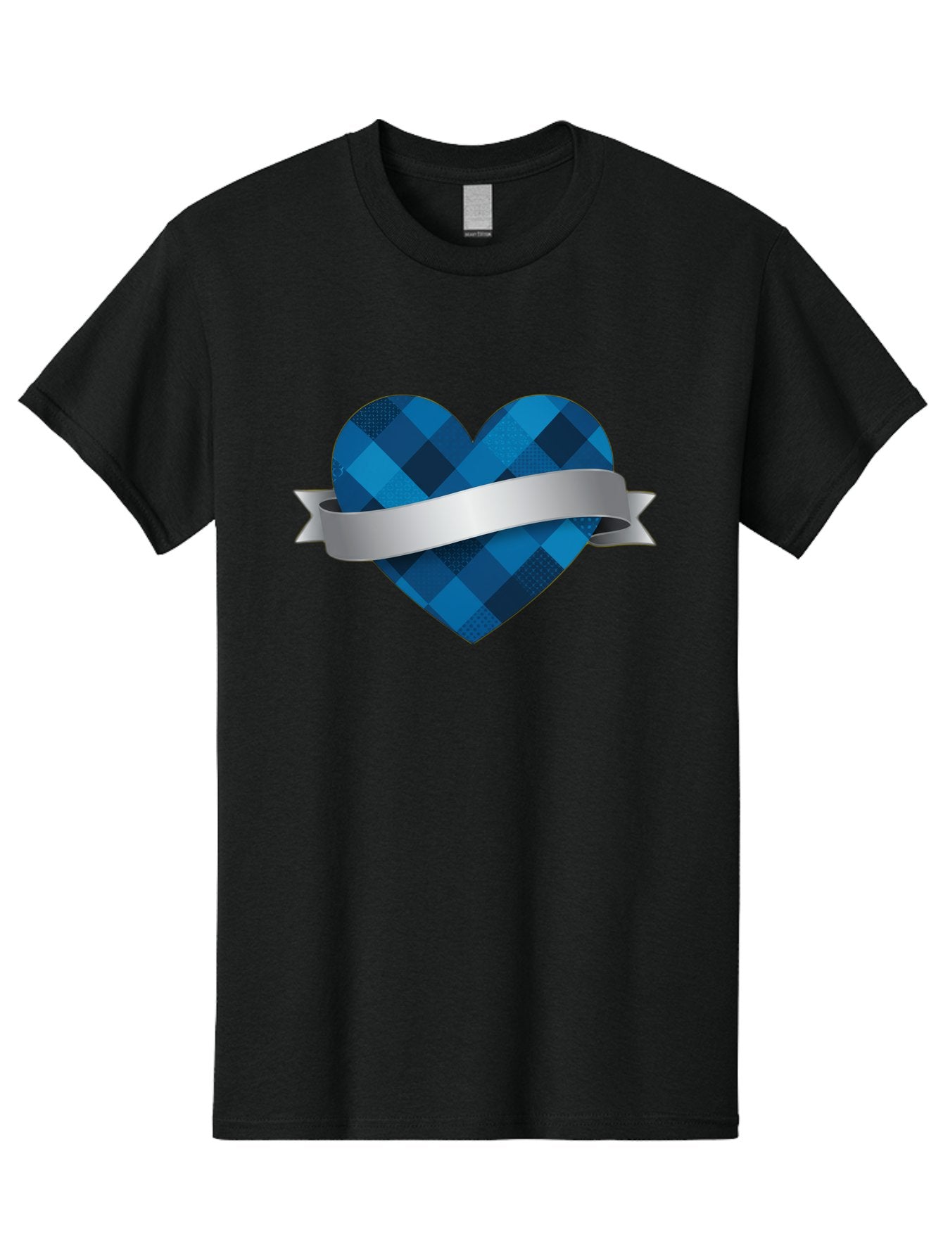 Blue-Plaid-Heart Men'S Graphic Tee, 100% Cotton, Comfortable Casual Summer Wear, Machine Washable, Blue Plaid Heart, Silver Ribbon, Love Symbol, Heart Shape, Textured Pattern, Checkered Design, Elegant Graphics, Symbolic Heart Bae139 7