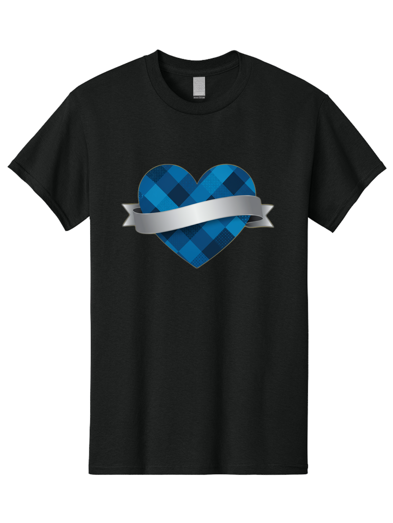Blue-Plaid-Heart Men'S Graphic Tee, 100% Cotton, Comfortable Casual Summer Wear, Machine Washable, Blue Plaid Heart, Silver Ribbon, Love Symbol, Heart Shape, Textured Pattern, Checkered Design, Elegant Graphics, Symbolic Heart Bae139 13