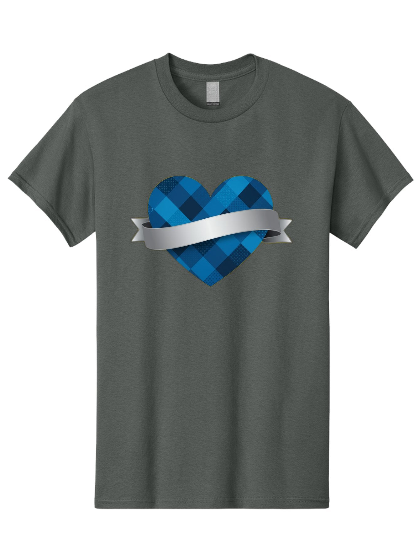 Blue-Plaid-Heart Men'S Graphic Tee, 100% Cotton, Comfortable Casual Summer Wear, Machine Washable, Blue Plaid Heart, Silver Ribbon, Love Symbol, Heart Shape, Textured Pattern, Checkered Design, Elegant Graphics, Symbolic Heart Bae139 3